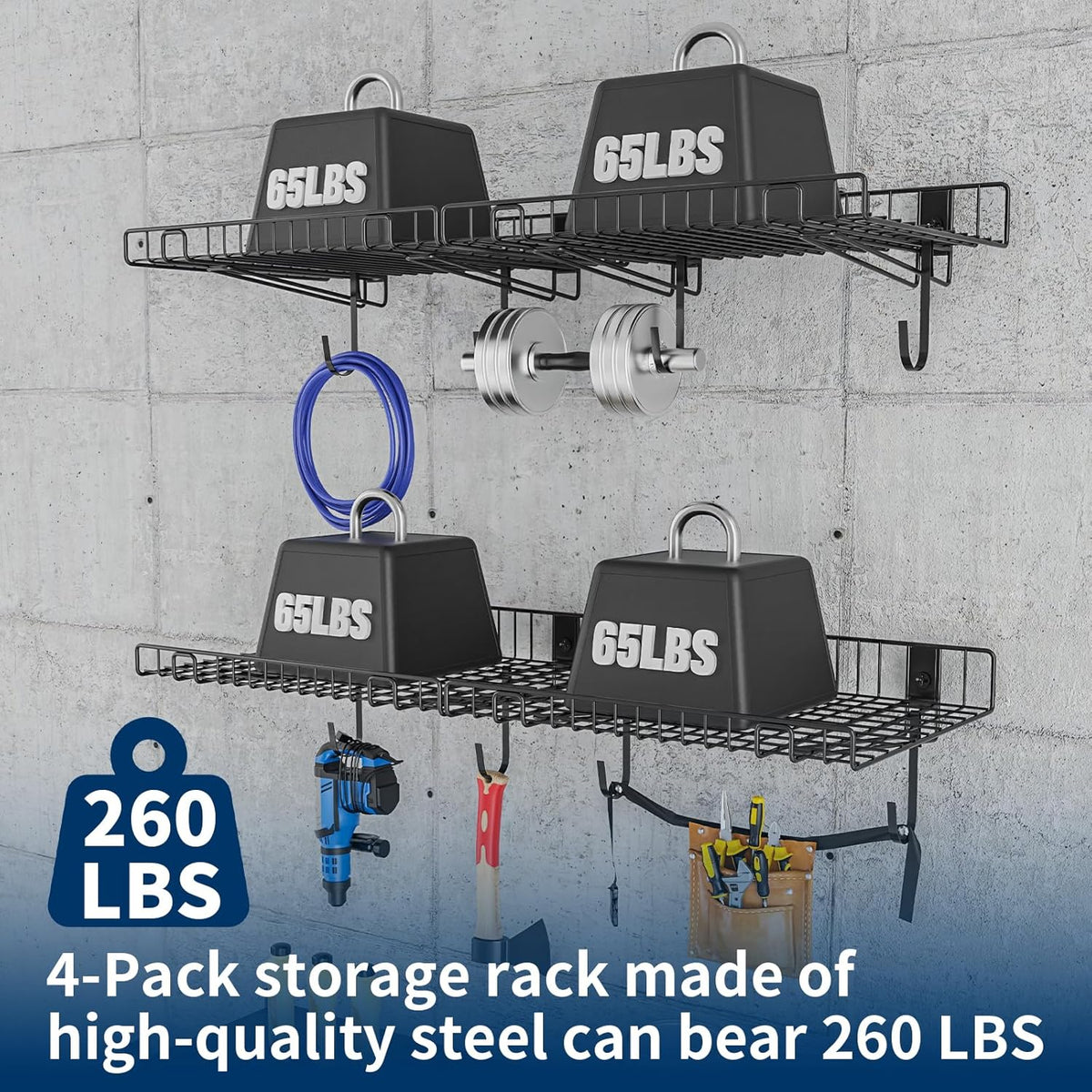 4 Pack Garage Wall Shelf, Wall Mounted Storage Shelves, Heavy Duty Metal Shelves for Room Wall