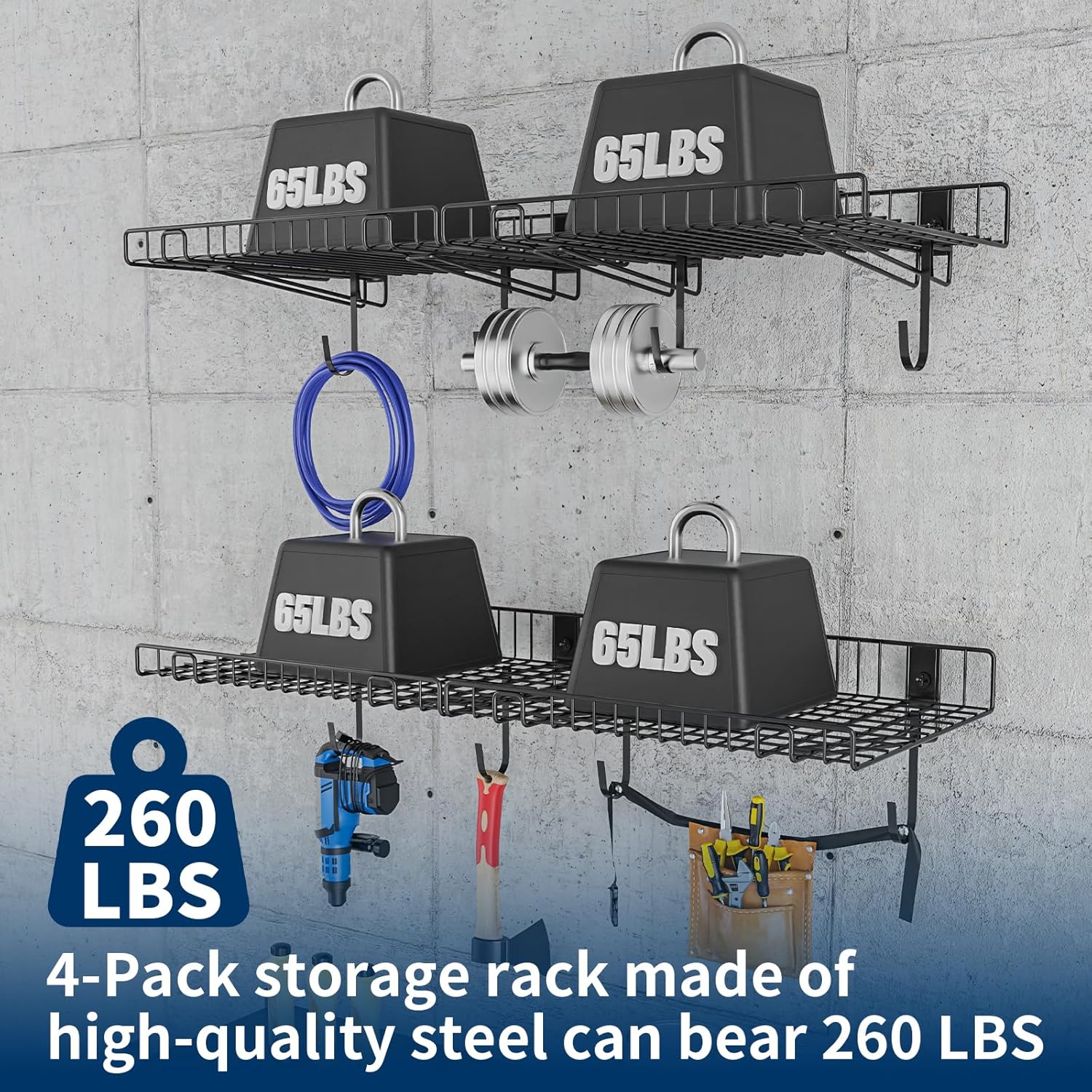 4 Pack Garage Wall Shelf, Wall Mounted Storage Shelves, Heavy Duty Metal Shelves for Room Wall