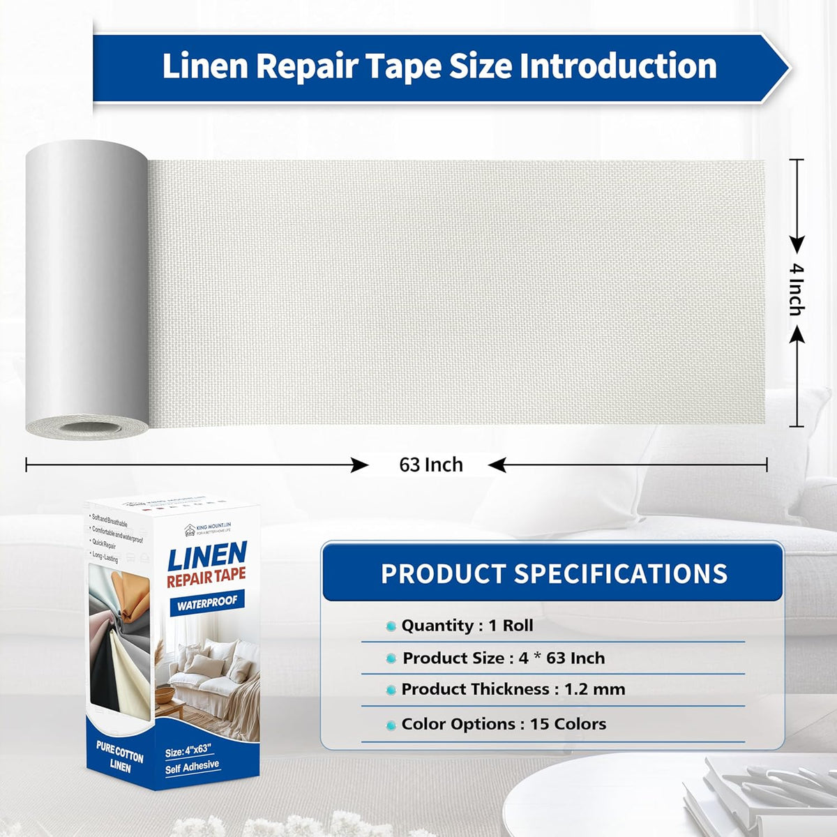 KING MOUNTAIN Linen Repair Patches, Self-Adhesive Fabric Patches, 4 X 63 inch Extra Size, Multi