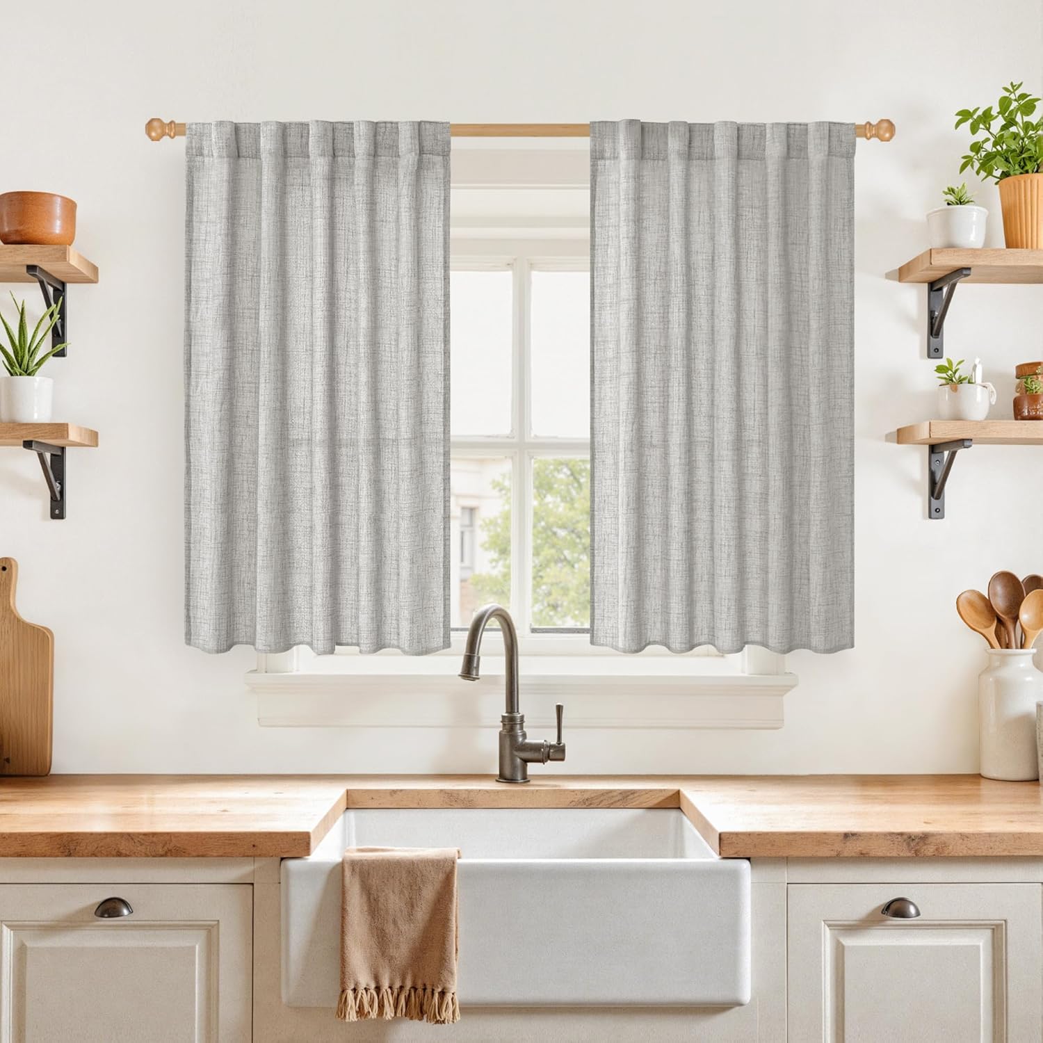 YoungsTex Dark Grey Linen Kitchen Curtains 40 Inches Long for Short Window, Semi Sheer Drapes with