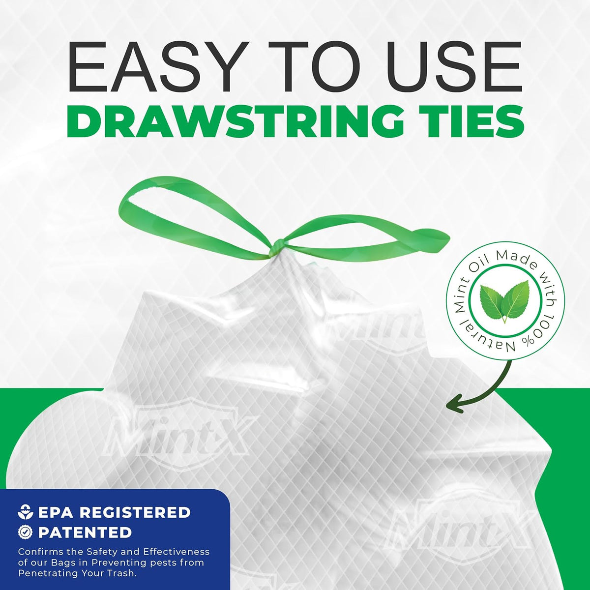 Mint-X MintFlex Rodent Repellent Trash Bags, Tall Kitchen Drawstring Bags, 1 FT 11 ¾ Inches X 2 FT