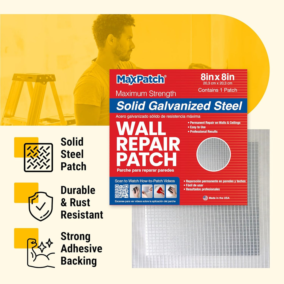 MaxPatch® 4 in. x 4 in. Solid Metal Self-Adhesive Wall Repair Patch (3-Pack) – Durable Galvanized