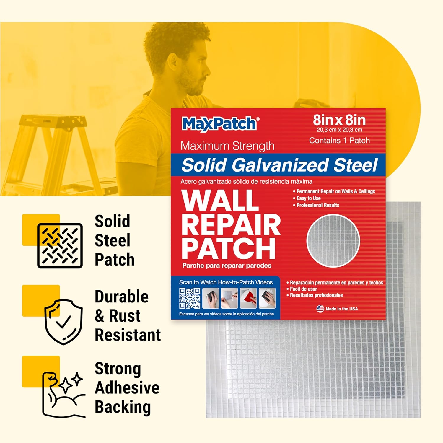 MaxPatch® 4 in. x 4 in. Solid Metal Self-Adhesive Wall Repair Patch (3-Pack) – Durable Galvanized