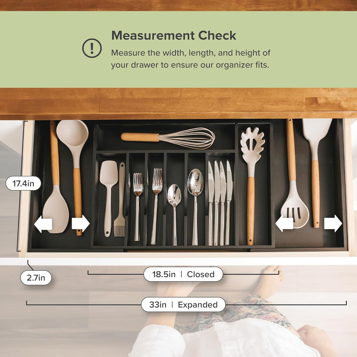 KitchenEdge Premium Silverware, Flatware and Utensil Organizer for Kitchen Drawers, Food-Safe