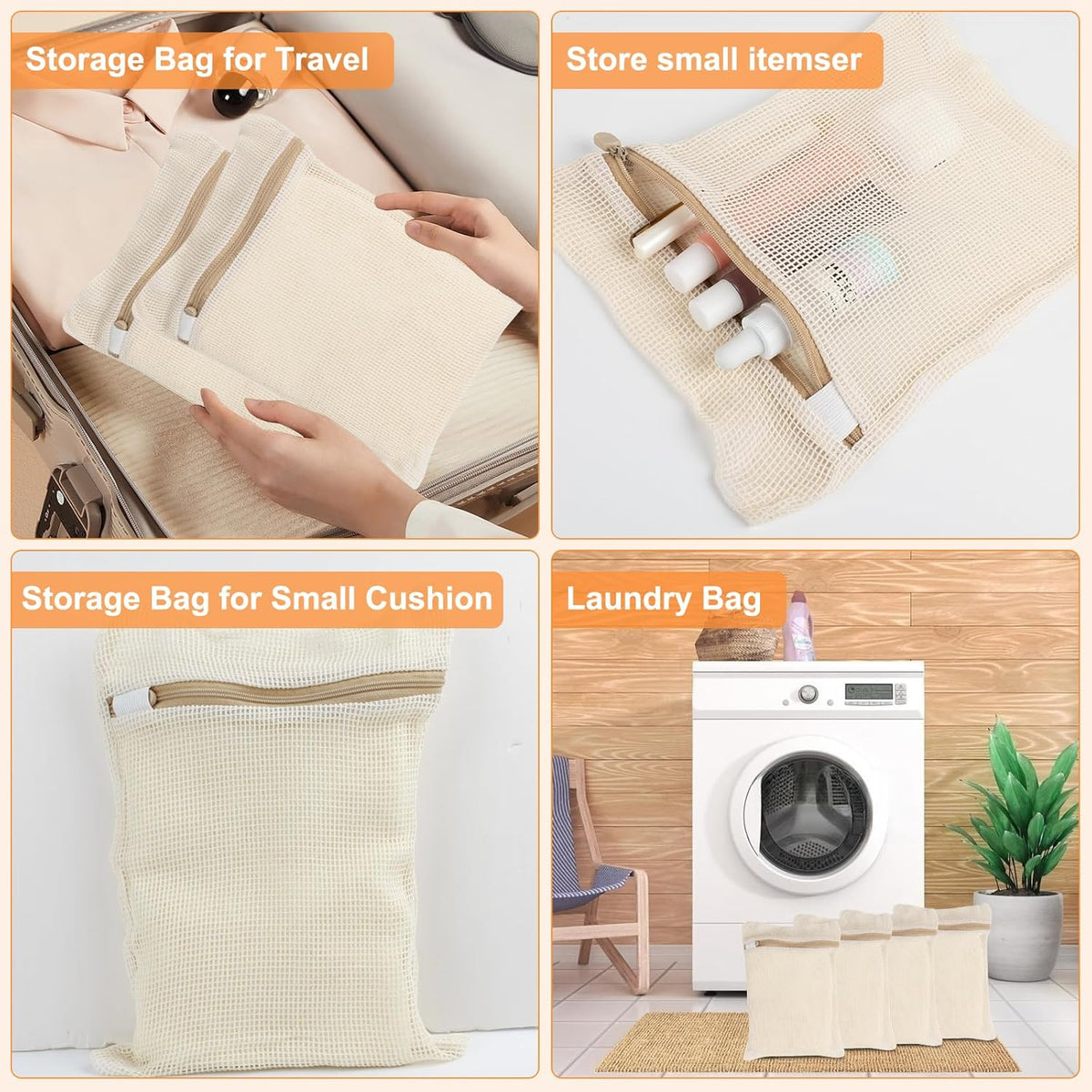 4 Piece Small, Durable Organic Cotton Mesh Laundry Bag with Strong Zipper and Breathable Mesh
