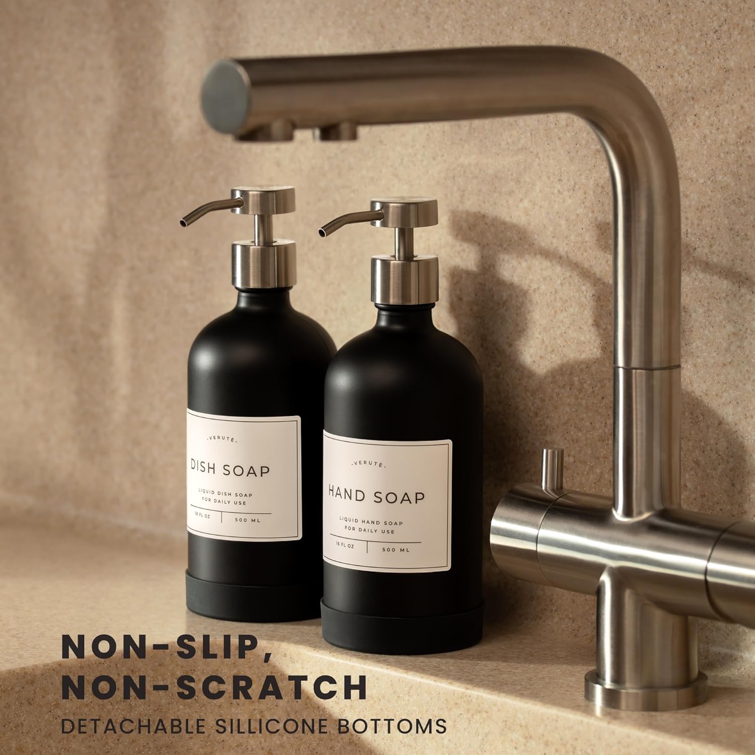 16oz Glass Soap Dispenser with Stainless Steel Pump, 21 Waterproof Labels, Non-Slip Protective