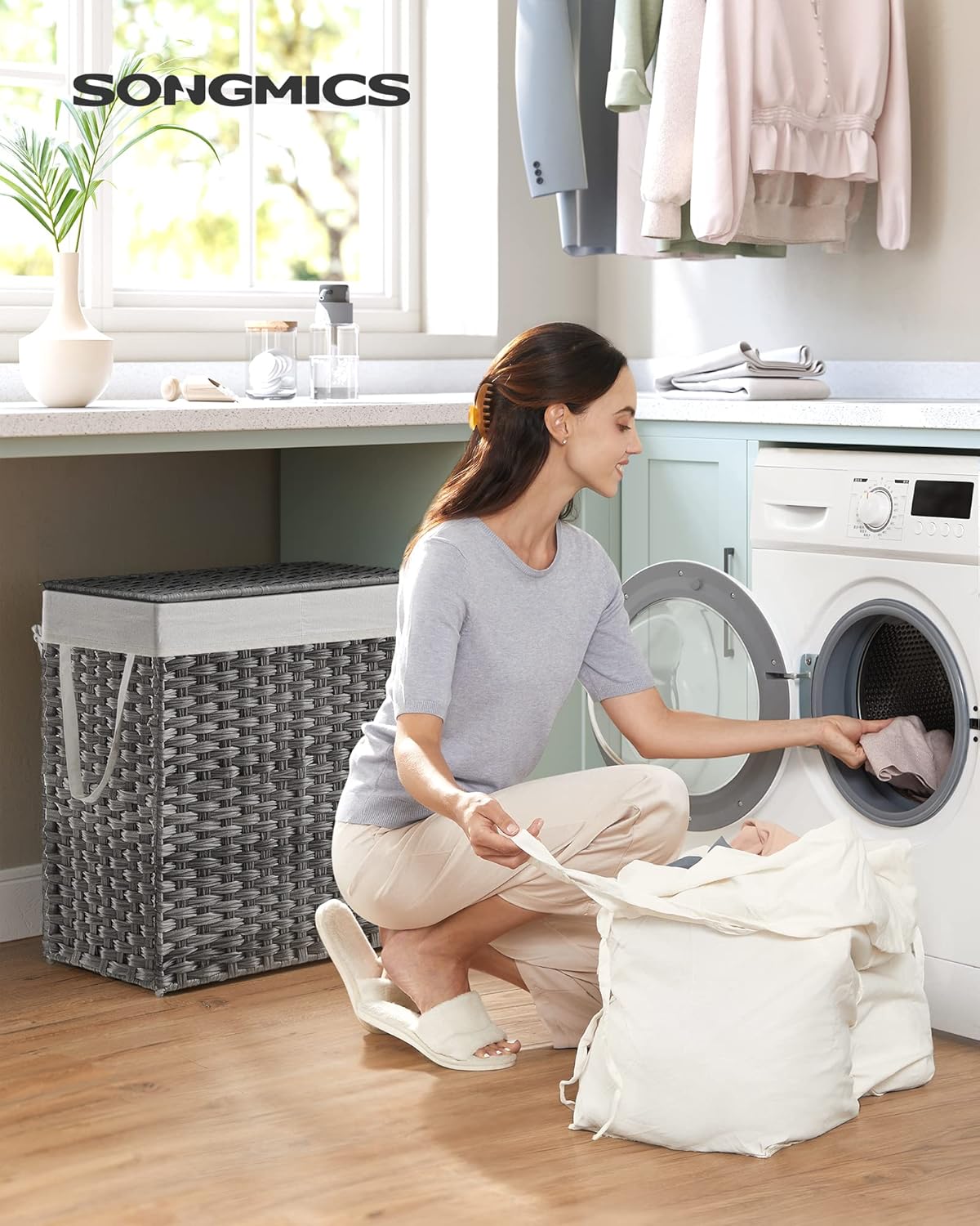 SONGMICS Laundry Hamper with Lid, 110L Clothes Hamper with 2 Removable Liner Bags, 6 Mesh Bags