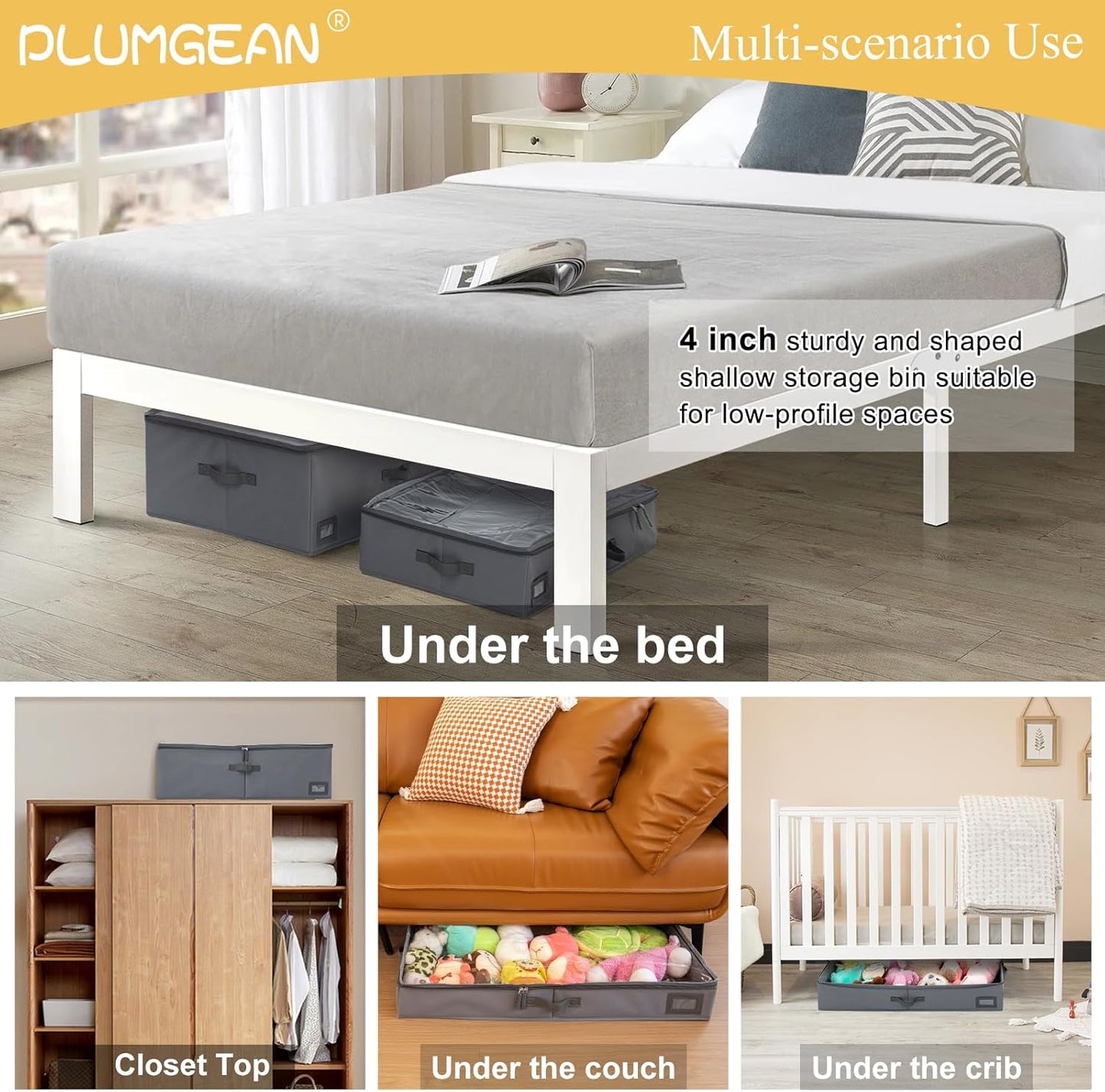 4-Inch Under Bed Storage Containers (3-Pack) | Sturdy Sidewalls | Clear Cover & Label Holder |
