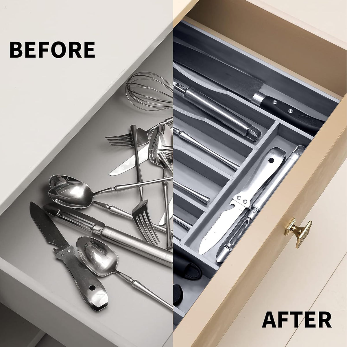 Expandable Bamboo Kitchen Drawer Organizer for Cutlery and Utensils, Adjustable Bamboo Wood Cutlery