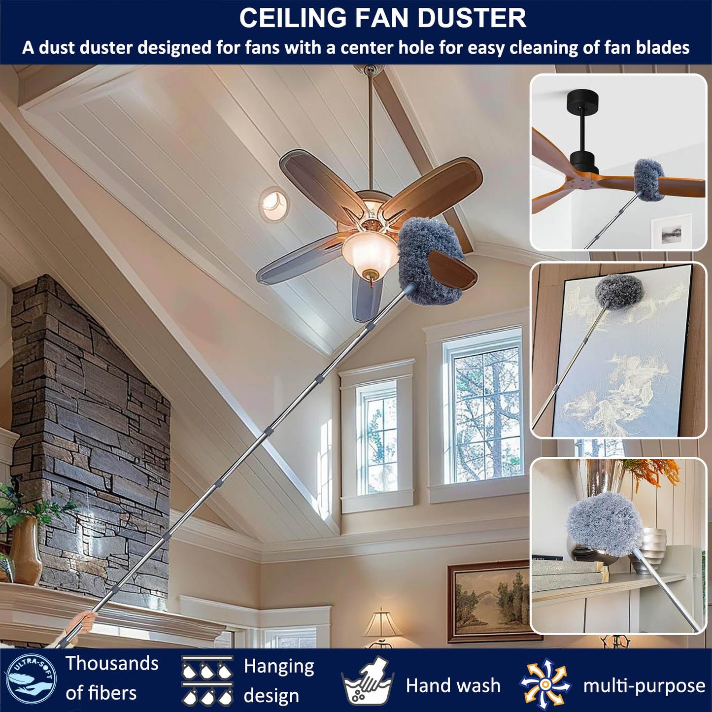 20+ Ft High Reach Ceiling Fan Duster & Cobweb & Corner Brush Duster with 3-14 ft Spliceable Pole