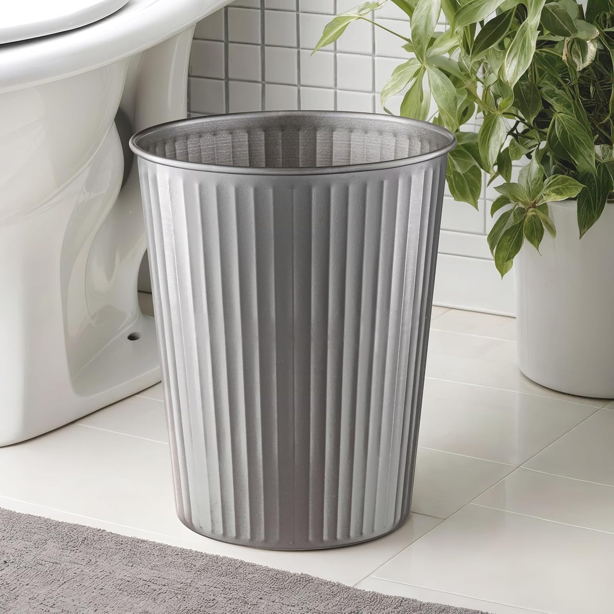 Monarch Abode Pewter Handcrafted Ridge Embossed Metal Wastebasket for Home Office, Decorative Waste