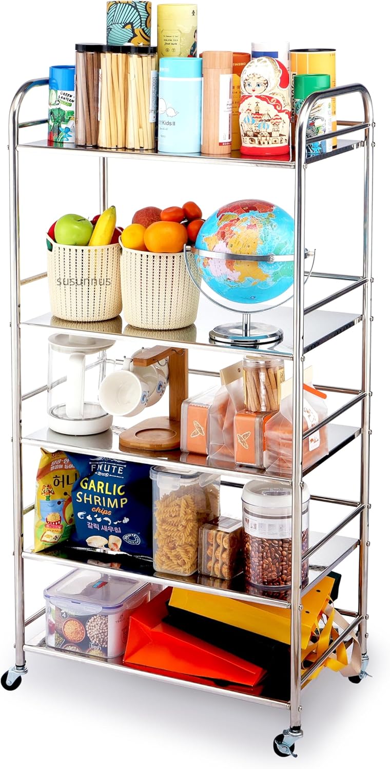 susunnus Stainless Steel Cart with Wheels 5 Tier,Stainless Steel Kitchen Cart,Utility Cart,Metal