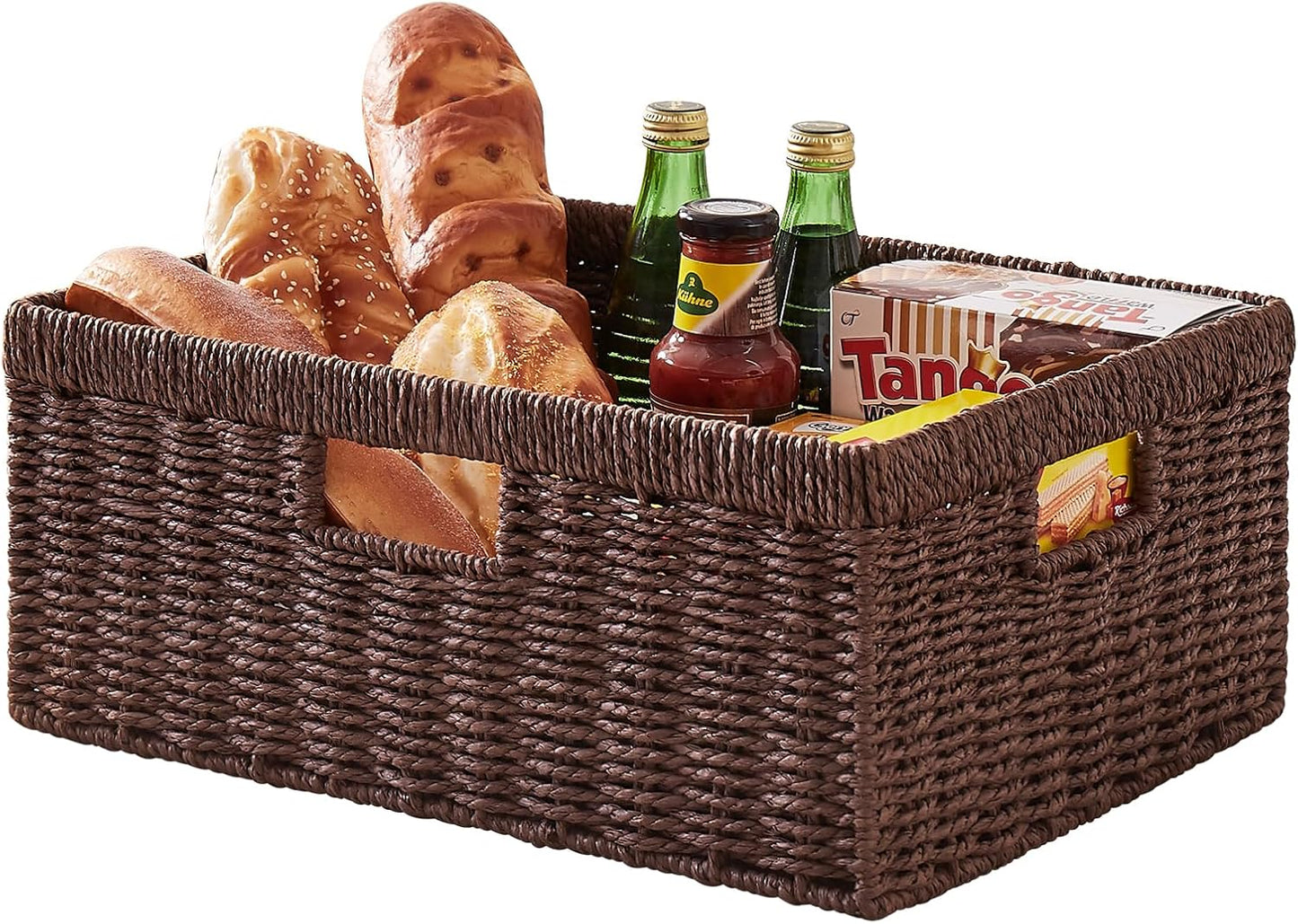 OIAHOMY Wicker Basket, Paper Shelf Basket with Built-in Handles, Rectangular Wicker Storage Bin for