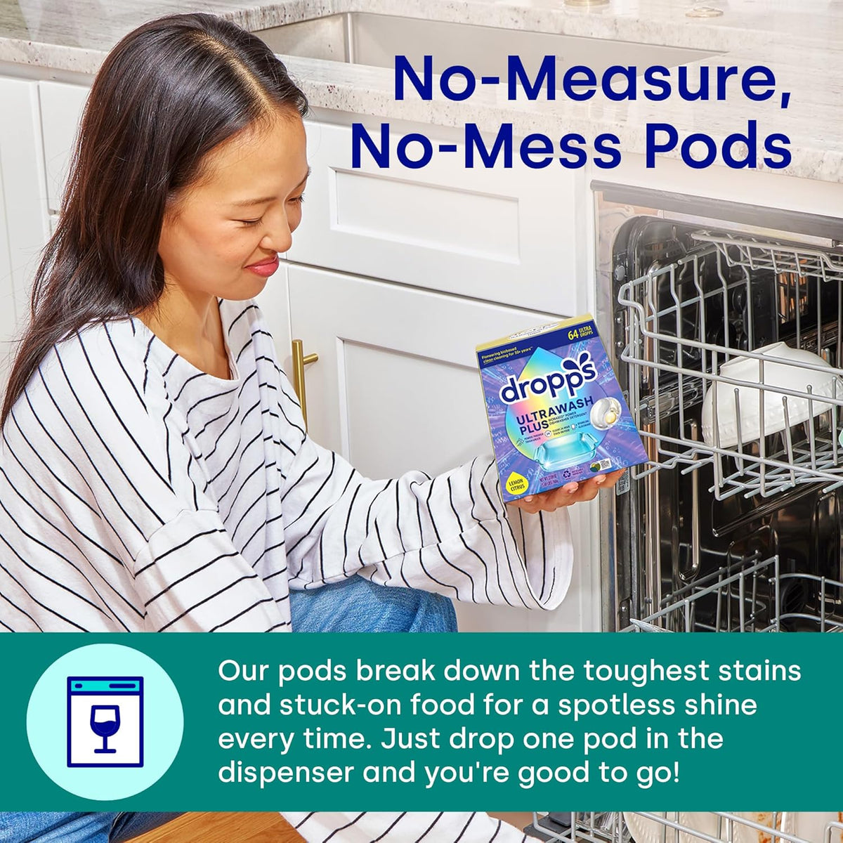 Dropps UltraWash Plus Dishwasher Detergent, Lemon Citrus (64 Pods) - Triple Action Biobased Power