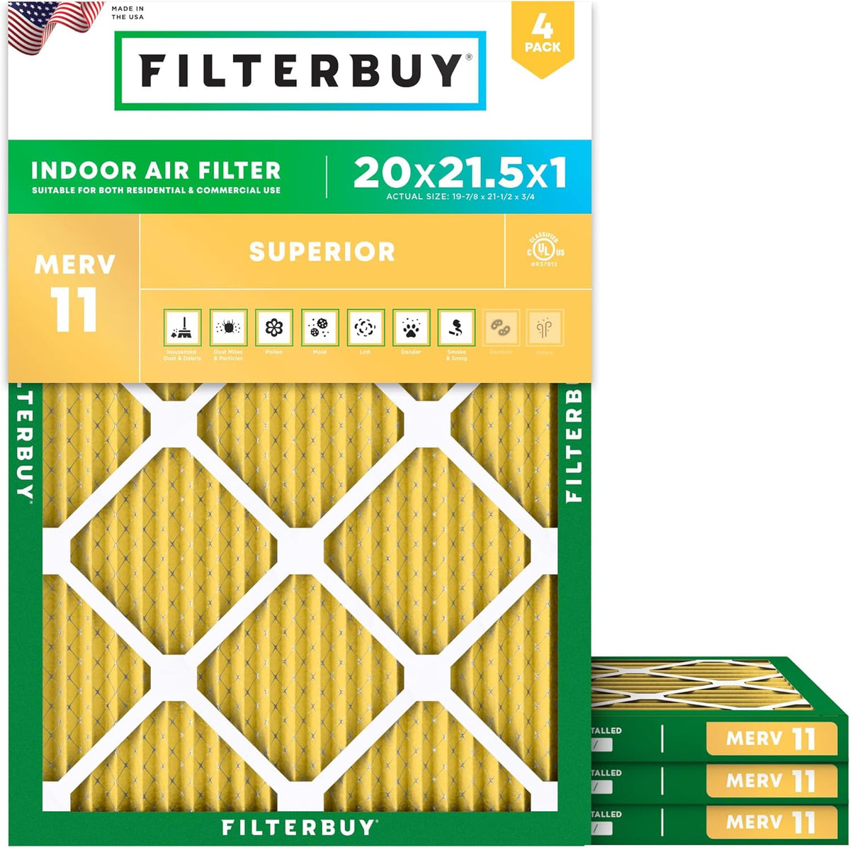 Filterbuy 20x21.5x1 Air Filter MERV 11 (MPR 1200) Allergen Defense Replacement (4-Pack)