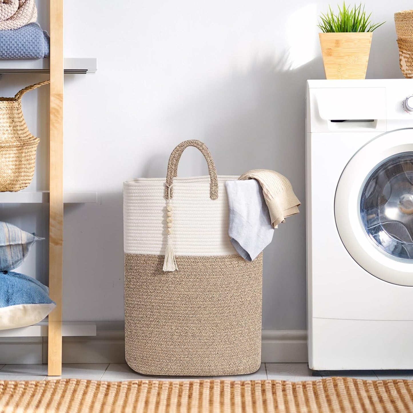 65L Woven Laundry Basket for Clothes, Large Rectangle Laundry Hampers with Beads Tassel, Nursery