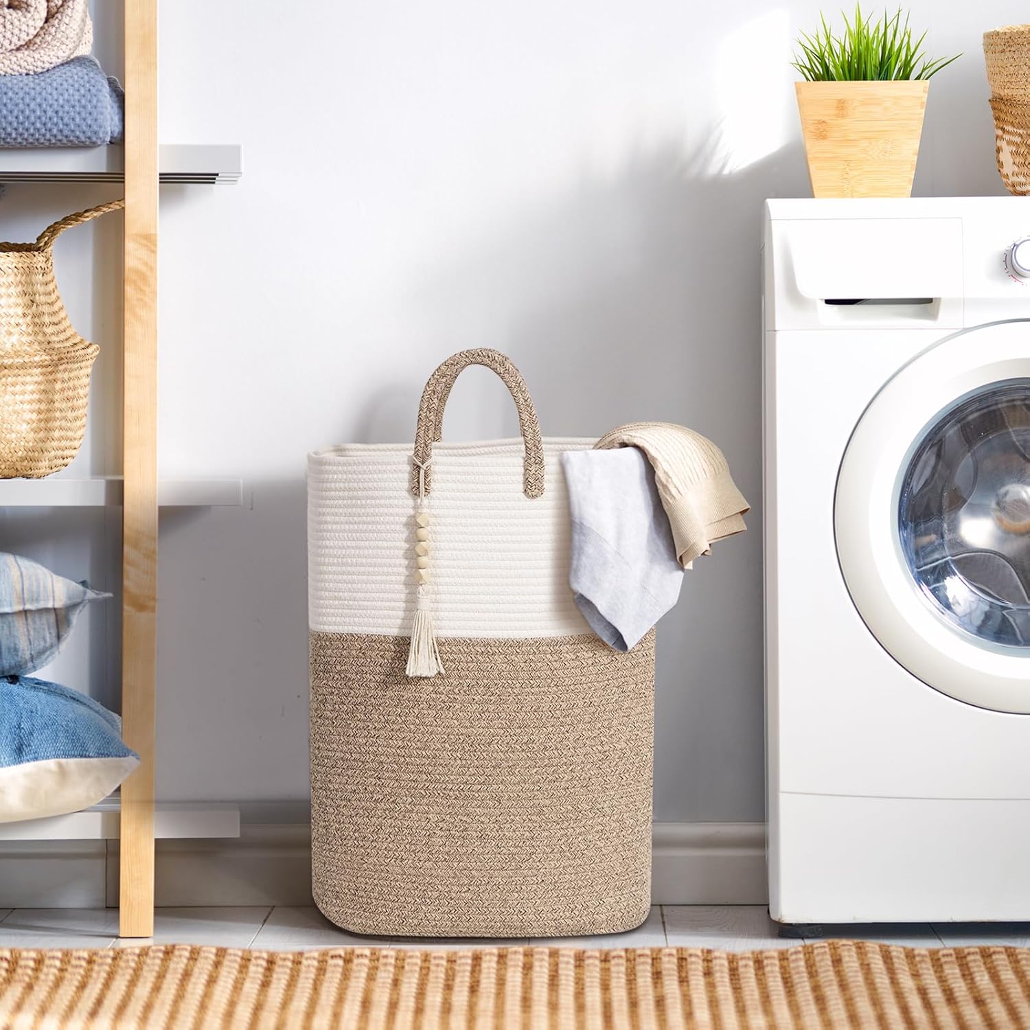 Woven Laundry Basket for Clothes, 80L Large Rectangle Laundry Hampers with Beads Tassel, Nursery