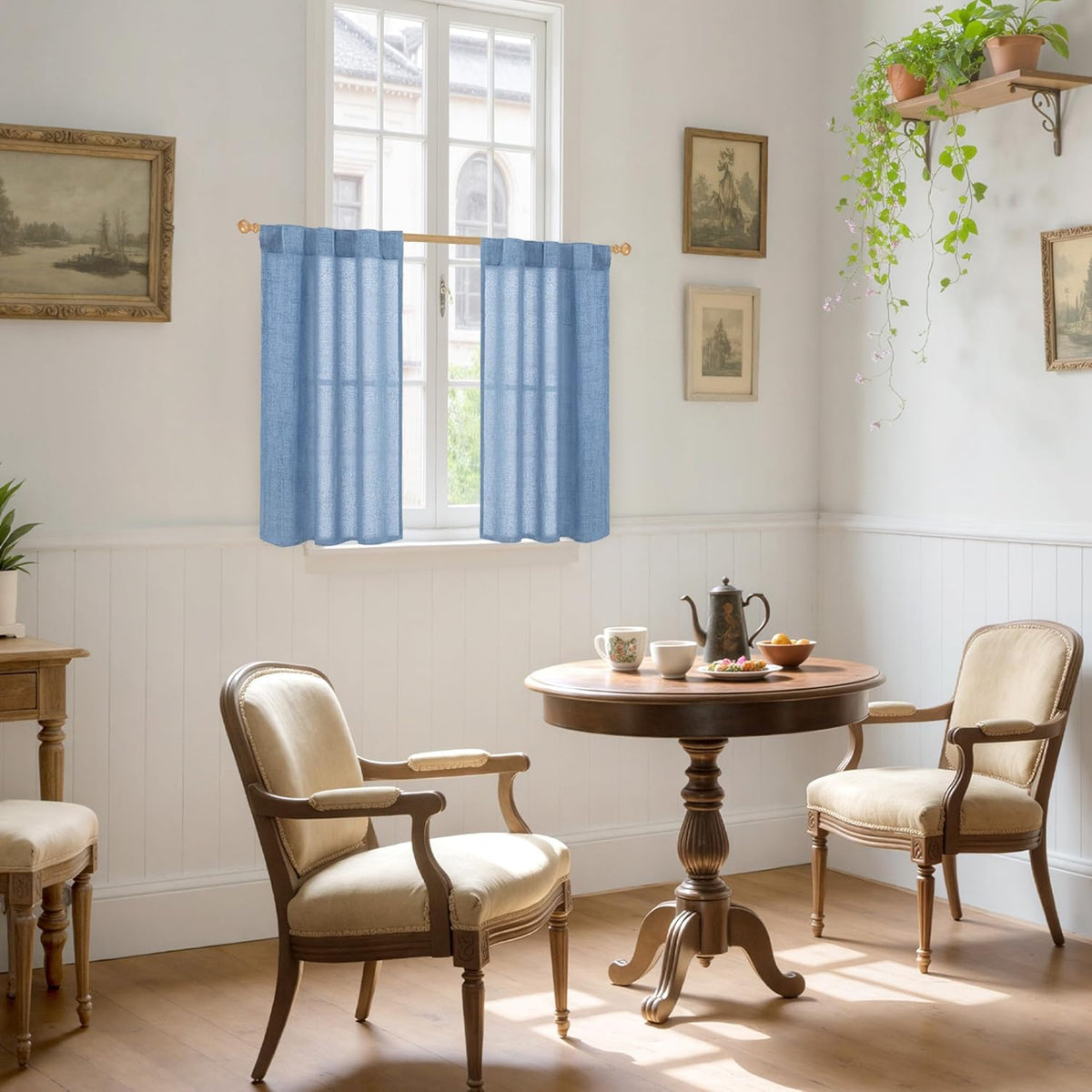 YoungsTex Denim Blue Linen Curtains 40 Inch Length for Bathroom Window, Small Drapes with Rod