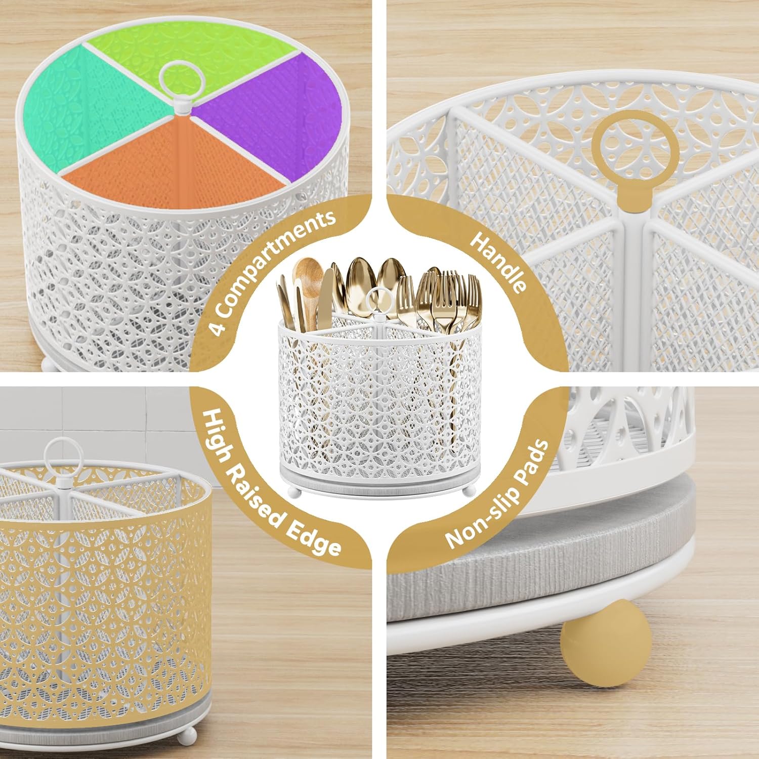 360° Rotating Kitchen Utensil Holder - Fast-Drying Utensils Caddy - 4 Compartment Flatware