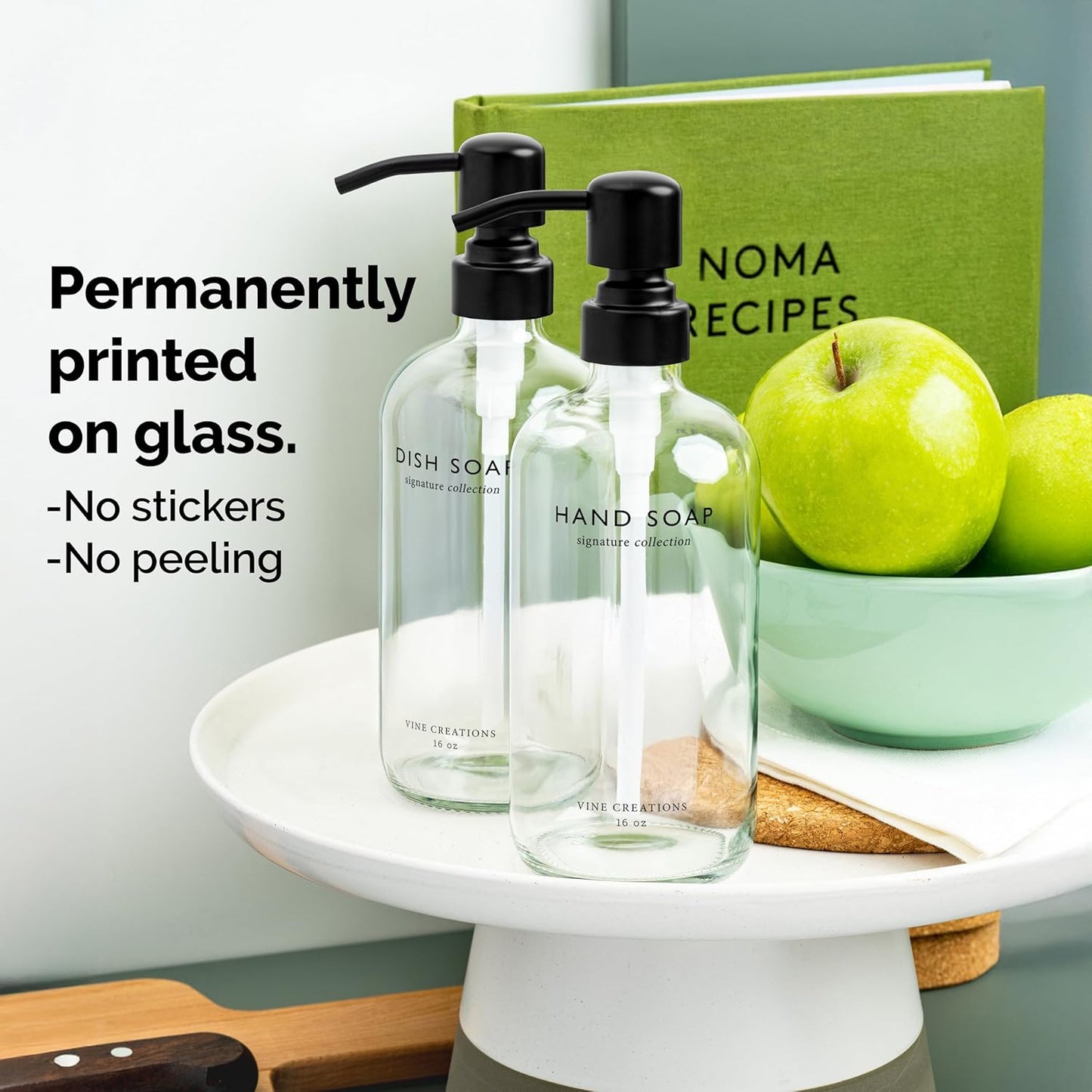 Vine Creations Clear Glass Soap Dispenser Set, Dish Soap and Hand Soap Dispenser Set with Stainless