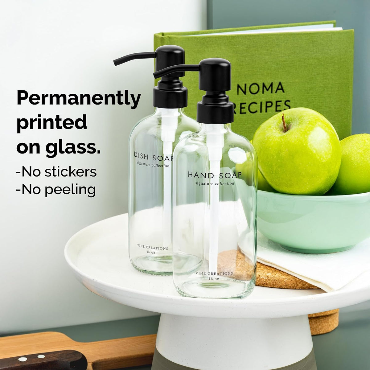 Vine Creations Clear Glass Soap Dispenser Set, Dish Soap and Hand Soap Dispenser Set with Stainless