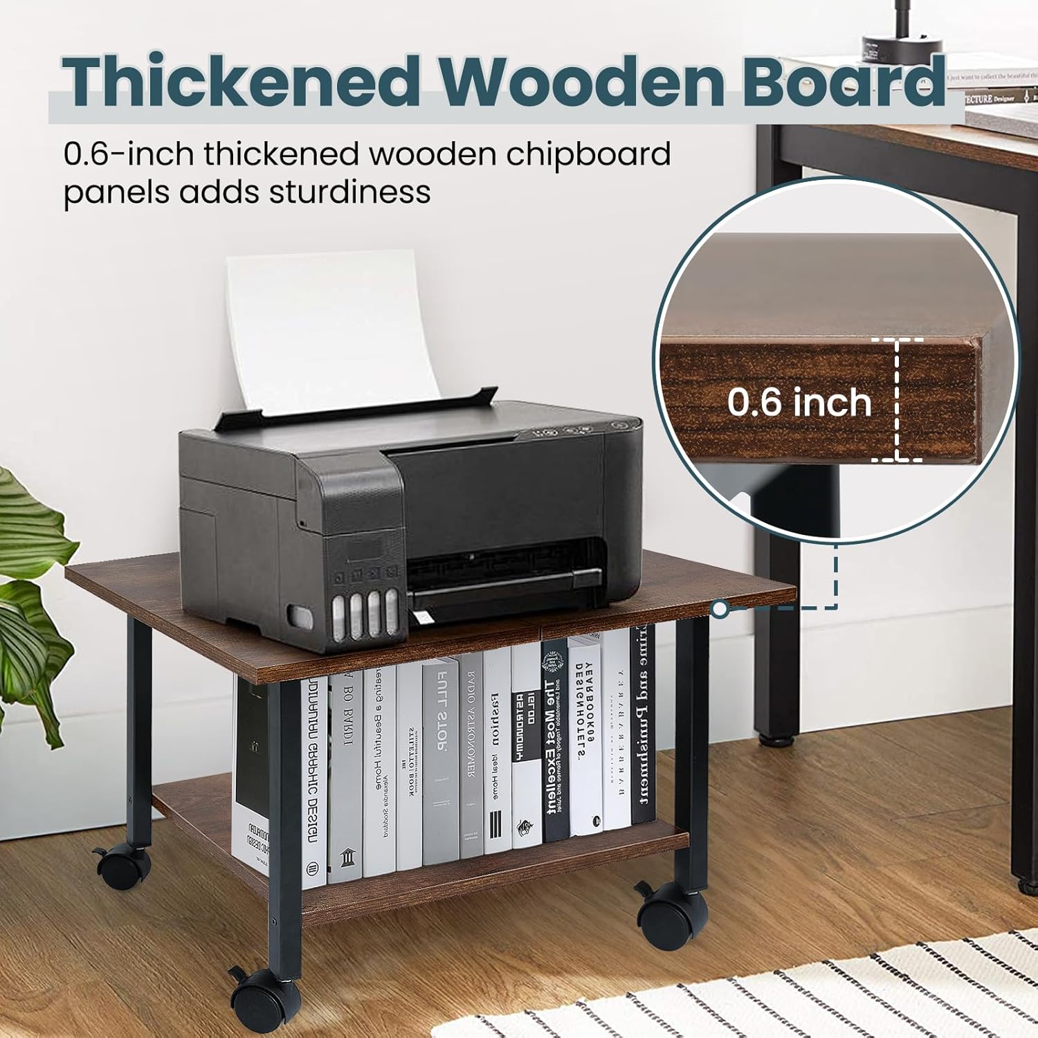 Printer Stand with Storage Under Desk Shelf, Desktop Printer Stand Organizer, Rolling Printer Cart