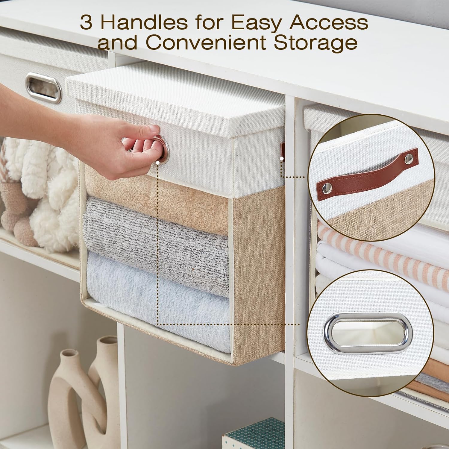 Fabric Storage Cubes with Clear Windows and Lids, 13'' Foldable Storage Bins with 3 Handles
