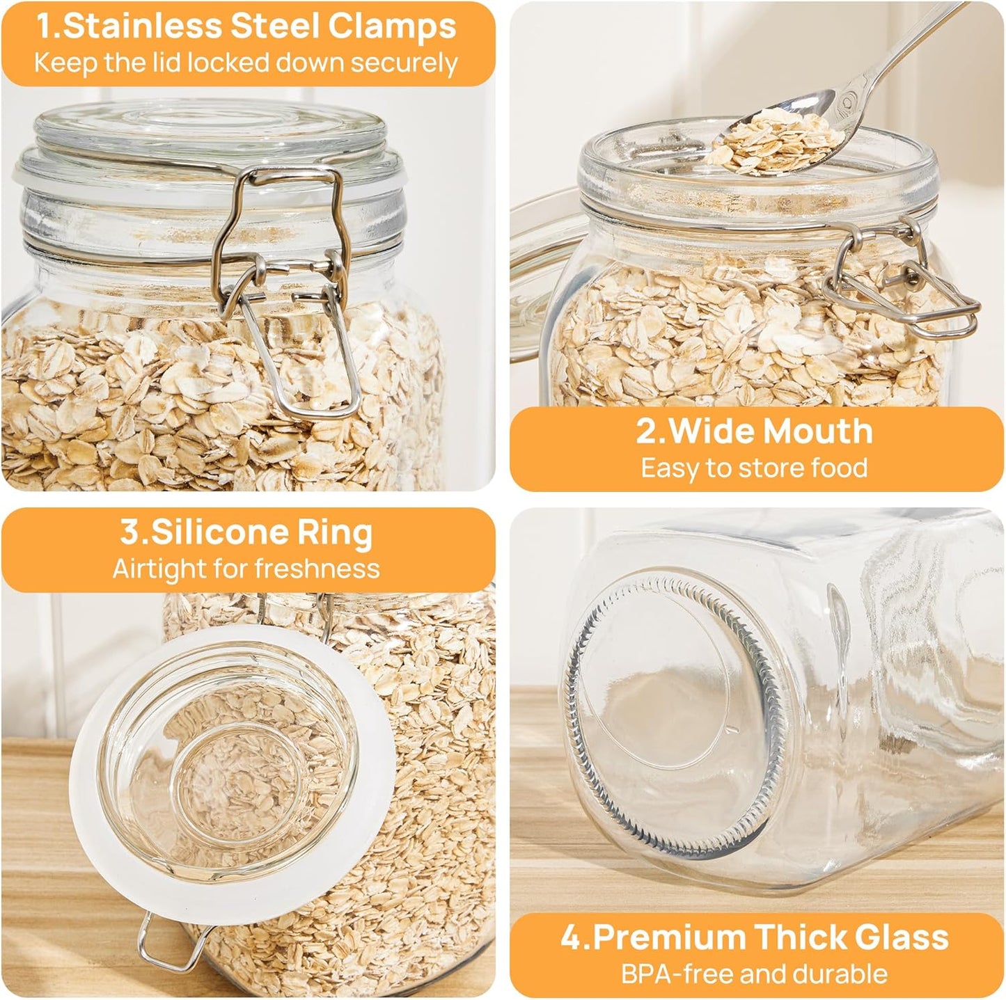 CHEFSTORY 50oz Airtight Glass Jars with Lids, 3 PCS Food Storage Canister for Kitchen & Pantry