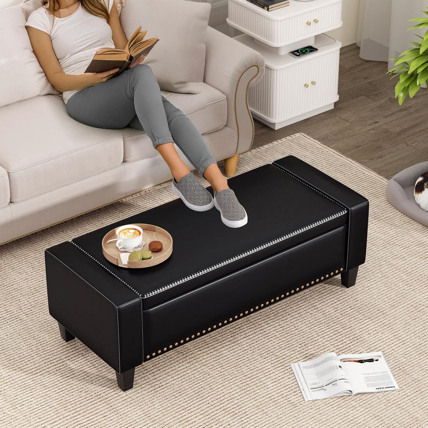 48.8" Storage Ottoman Bench Black | Faux Leather Bedroom Bench with Lift Top for Living Room & Bed
