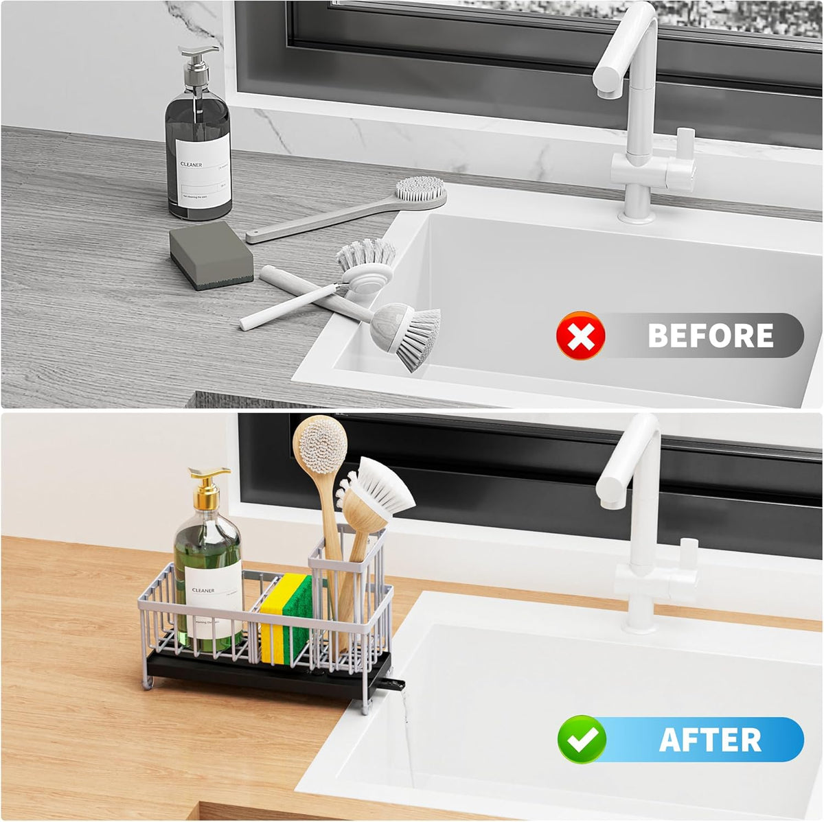 Cisily Light Gray Sponge Holder for Kitchen Sink, Sink Caddy Organizer with High Brush Holder