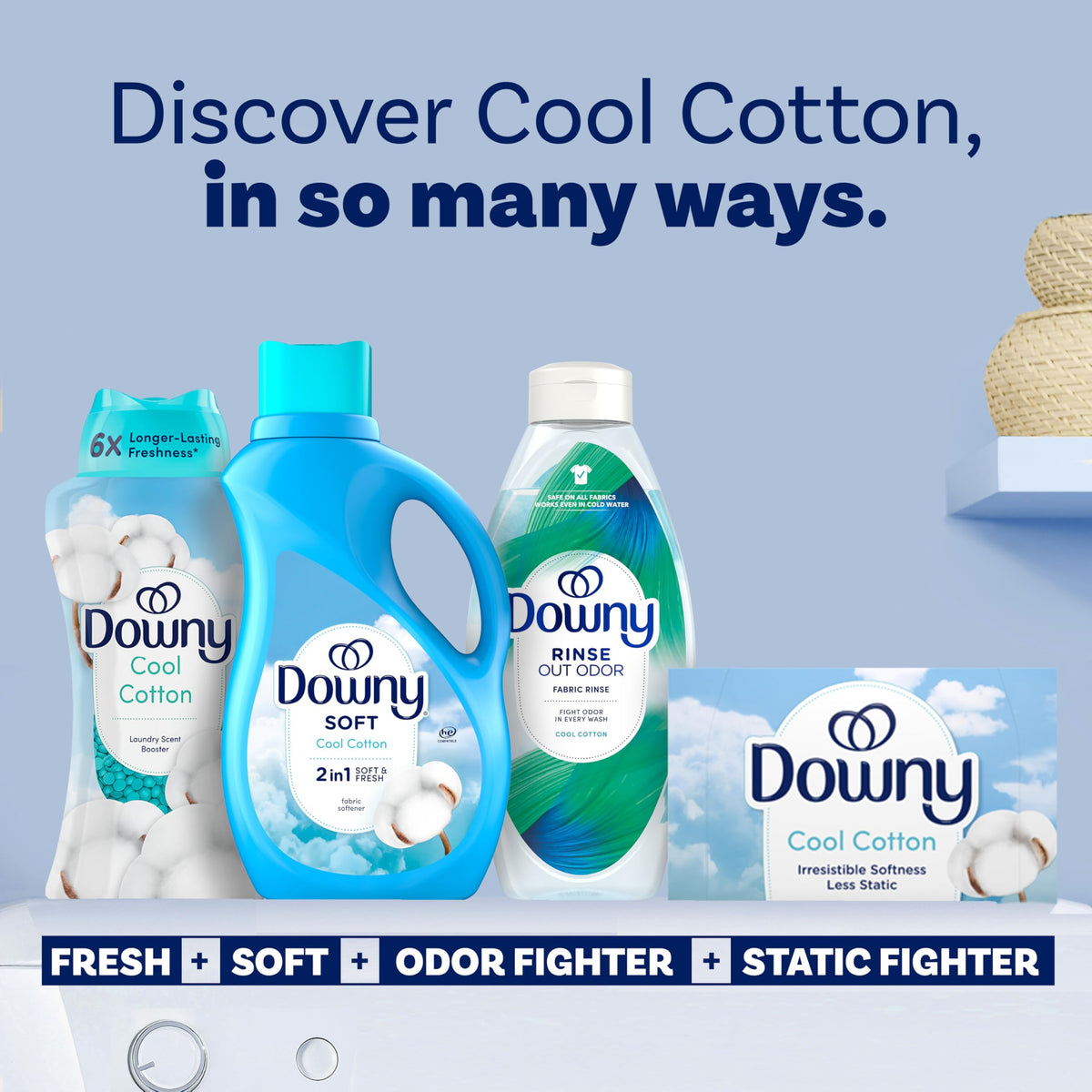 Downy Soft, 2 in 1 Soft and Fresh Liquid Fabric Softener, Cool Cotton, 111 fl oz, 150 Loads, Fabric