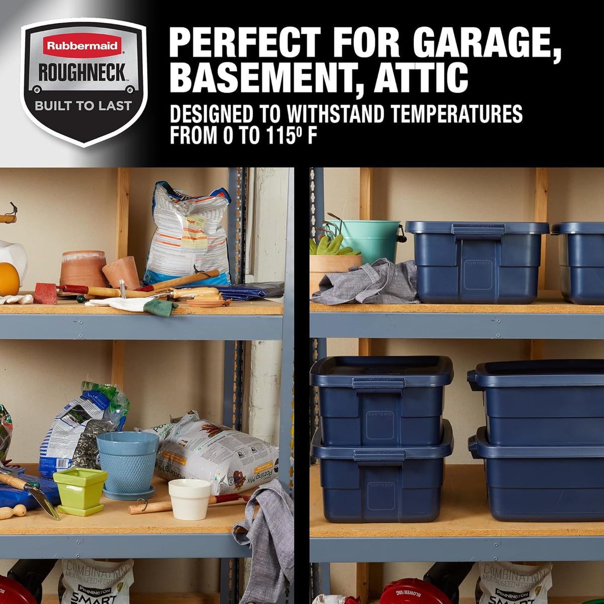 Rubbermaid Roughneck Tote 10 Gal, 8 Pack, Made in USA, Dark Indigo Metallic, Rugged Plastic