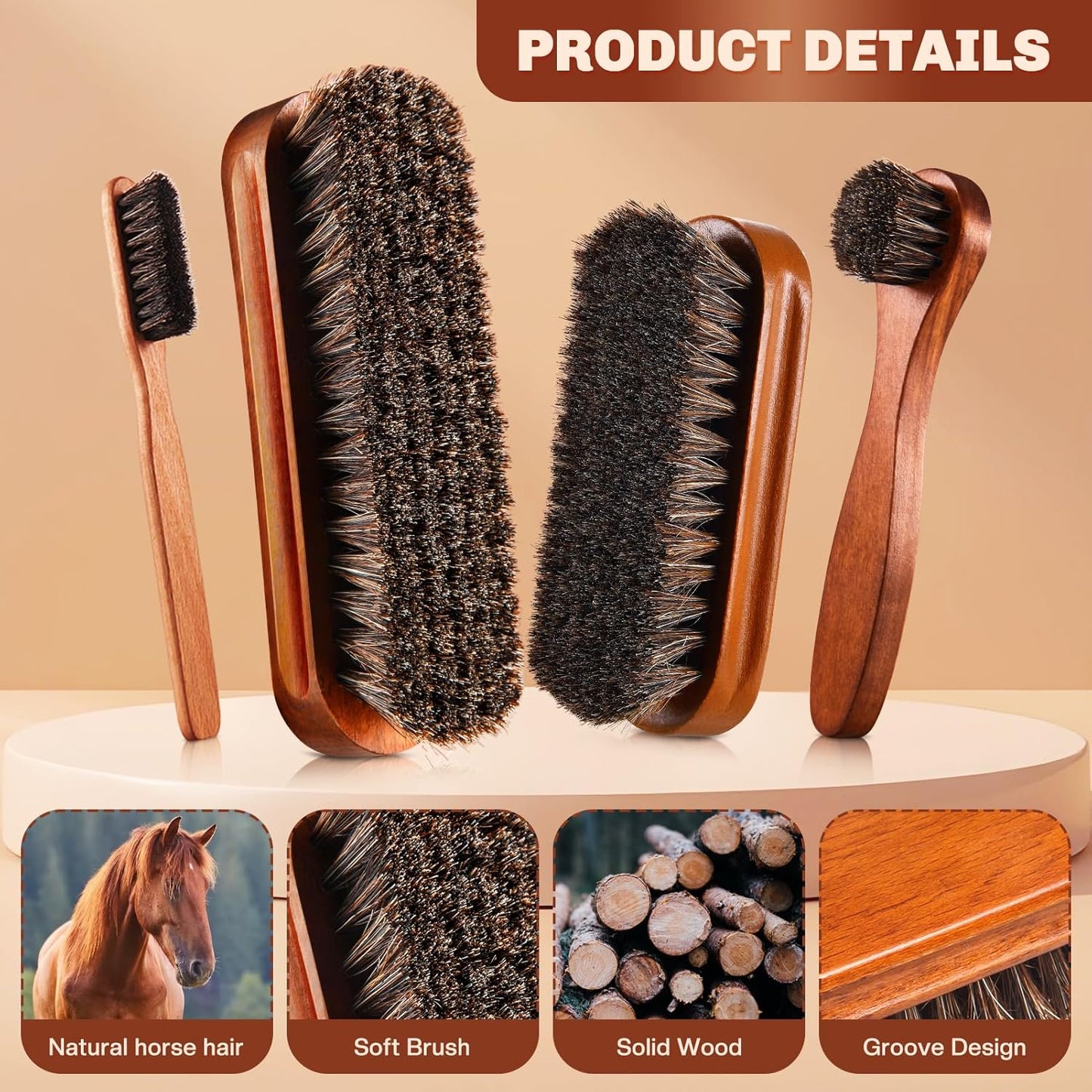 4 Pcs Horsehair Shine Shoes Brush Kit Polish Dauber Applicators Cleaning Leather Shoes Boots Care
