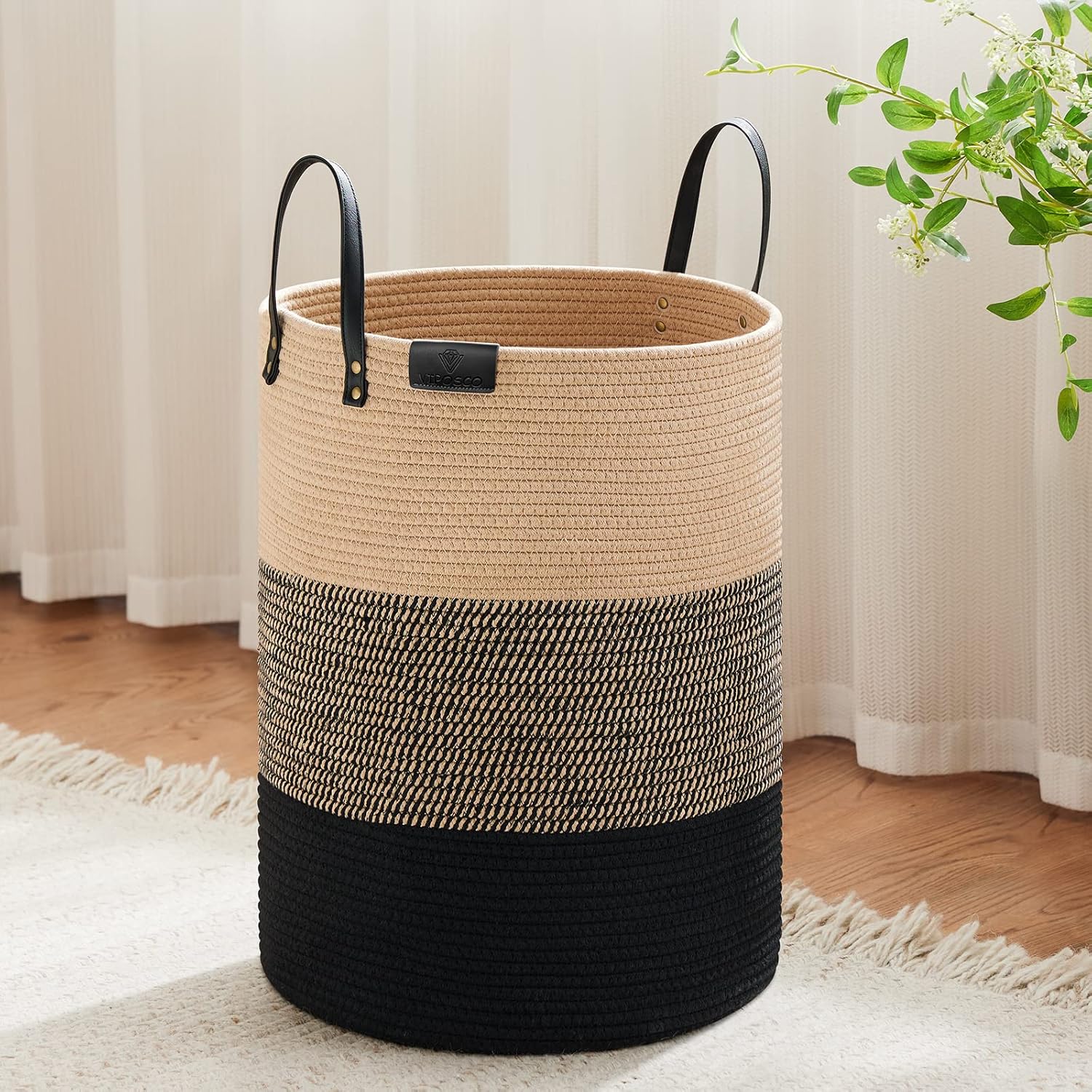 VIPOSCO Tall Laundry Basket, Large Dirty Clothes Hamper with Leather Handle, Woven Rope Storage