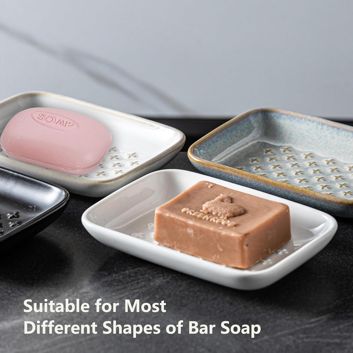 Gomakren Soap Dish, Shower Soap Holder, Ceramic Soap Dishes for Bar Soap Sponge Shampoo, Soap Saver