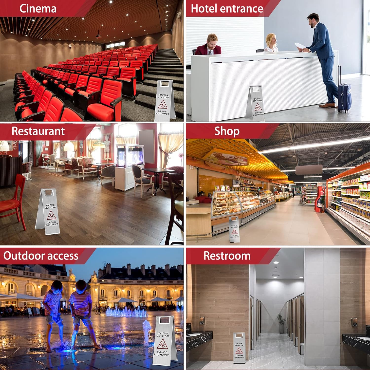 Kigley 2 Pcs Wet Floor Sign, 24 Inch Stainless Steel Caution Wet Floor Sign Double Sided Portable