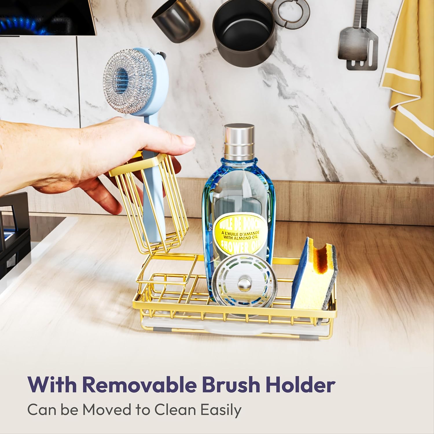 SWTYMIKI Sink Caddy Kitchen Sink Organizer with Detachable Brush Holder, Stainless Steel Sponge
