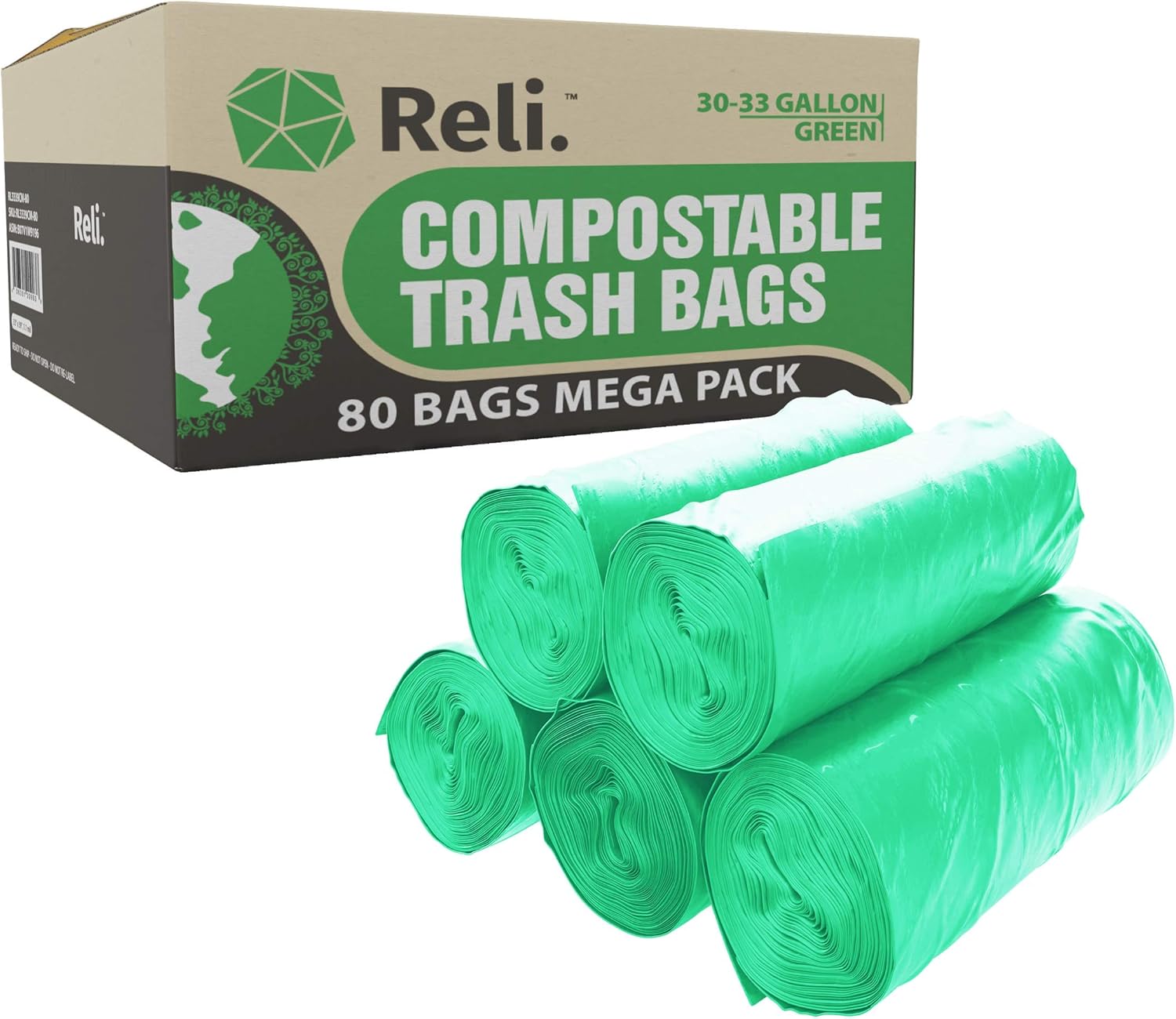 Reli. Compostable 33 Gallon Trash Bags | 80 Count Bulk | ASTM D6400 | Green | Eco-Friendly | For