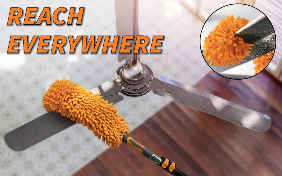Ceiling Fan Blade Duster Cleaner with 4-14 ft Extension Pole (20ft Reach) // Flexible Fan Cleaner
