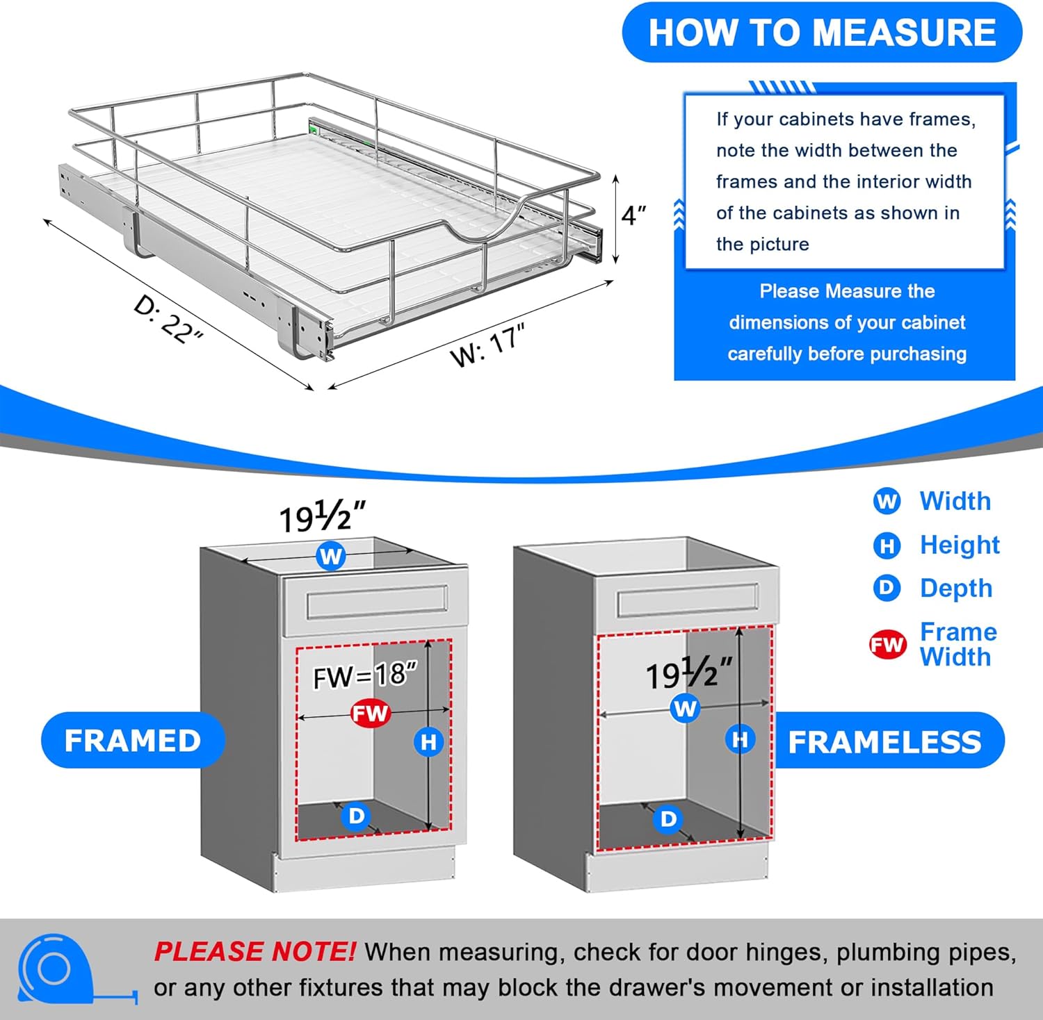 WelFurGeer Soft Close Slide Out Cabinet Shelf, 17" W x 22" D Pull Out Drawers for Kitchen Cabinets