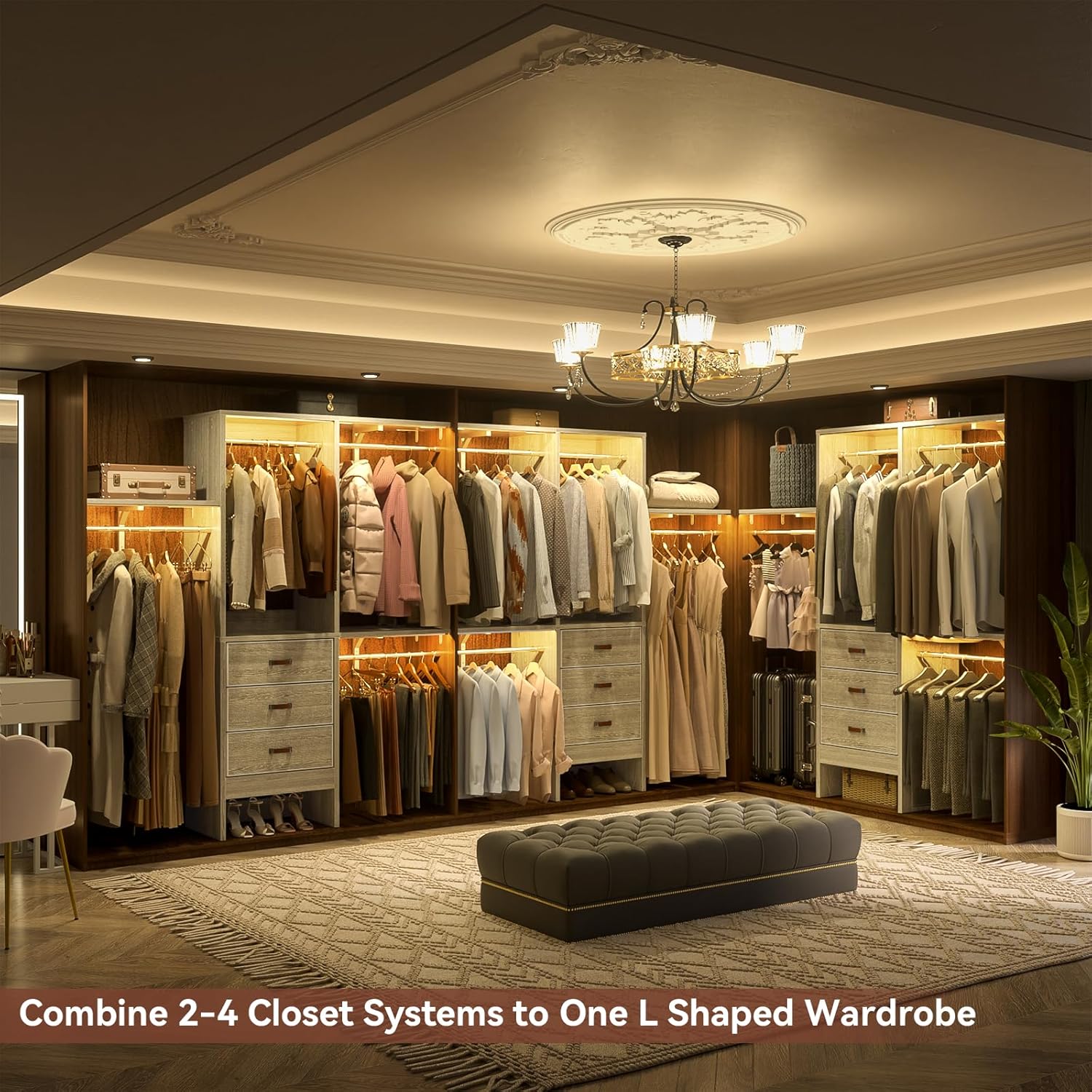 Armocity 5FT Small Closet System with 3 Fabric Drawers, 60'' Walk In Closet Organizer System With 3