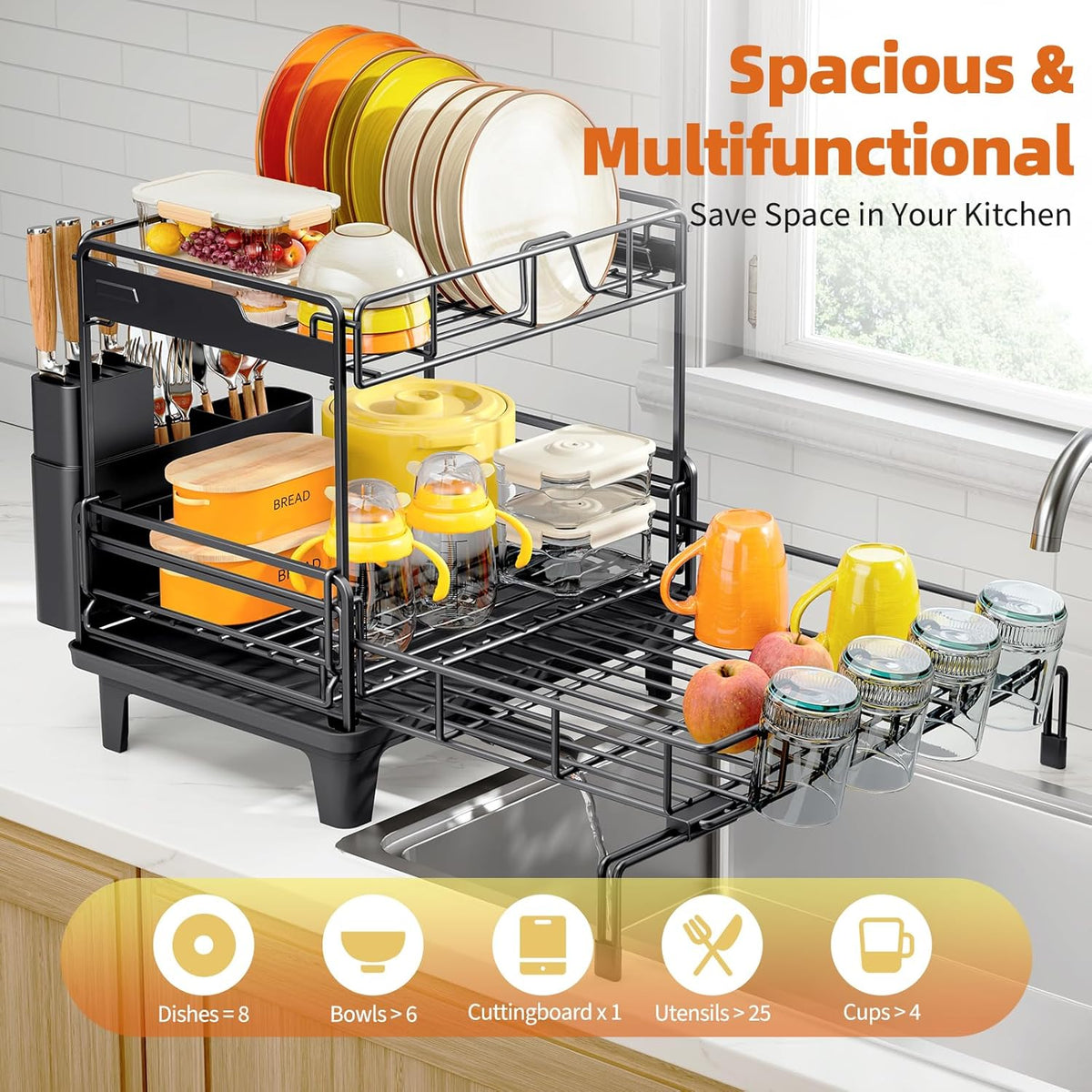 Dish Drying Rack - Extendable Dish Drainer, Large Dish Rack for Kitchen Counter, Rustproof Dish