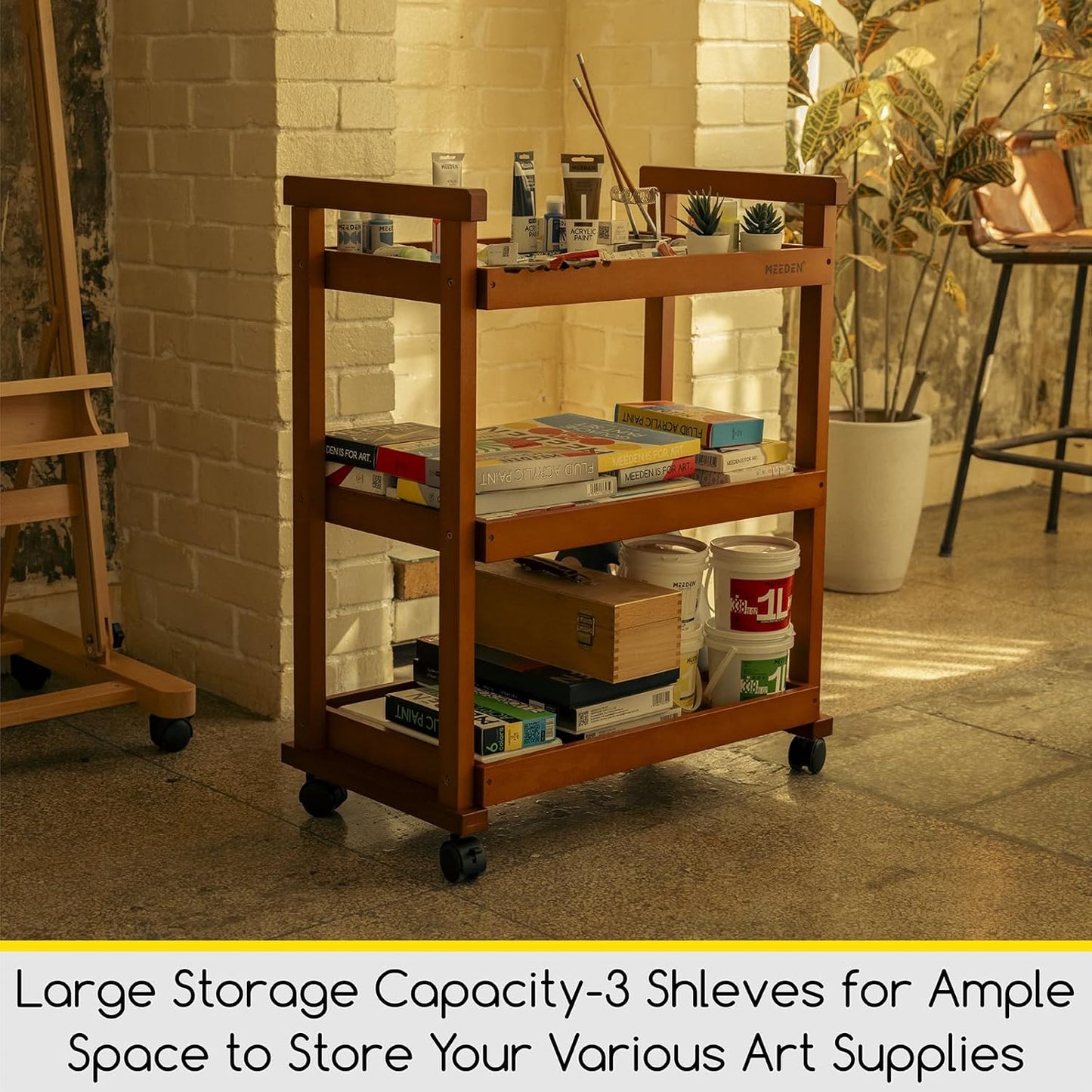 MEEDEN Art Supplies Cart, Walnut 3-Tier Multifunctional Art Storage Cart Organizer, Solid Beech