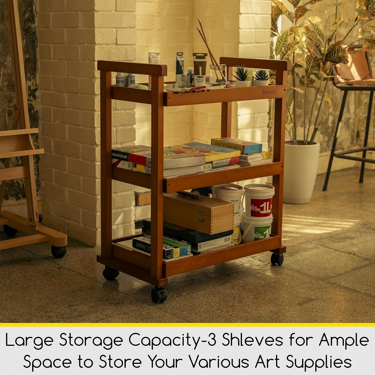 MEEDEN Art Supplies Cart, Walnut 3-Tier Multifunctional Art Storage Cart Organizer, Solid Beech