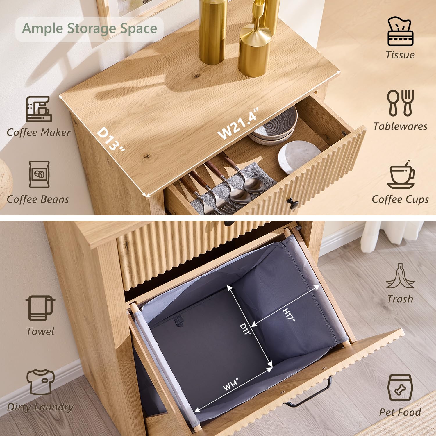 Modern Tilt-Out Trash Can Cabinet, 10 Gallon Fluted Laundry Hamper Cabinet with Drawers, Wooden