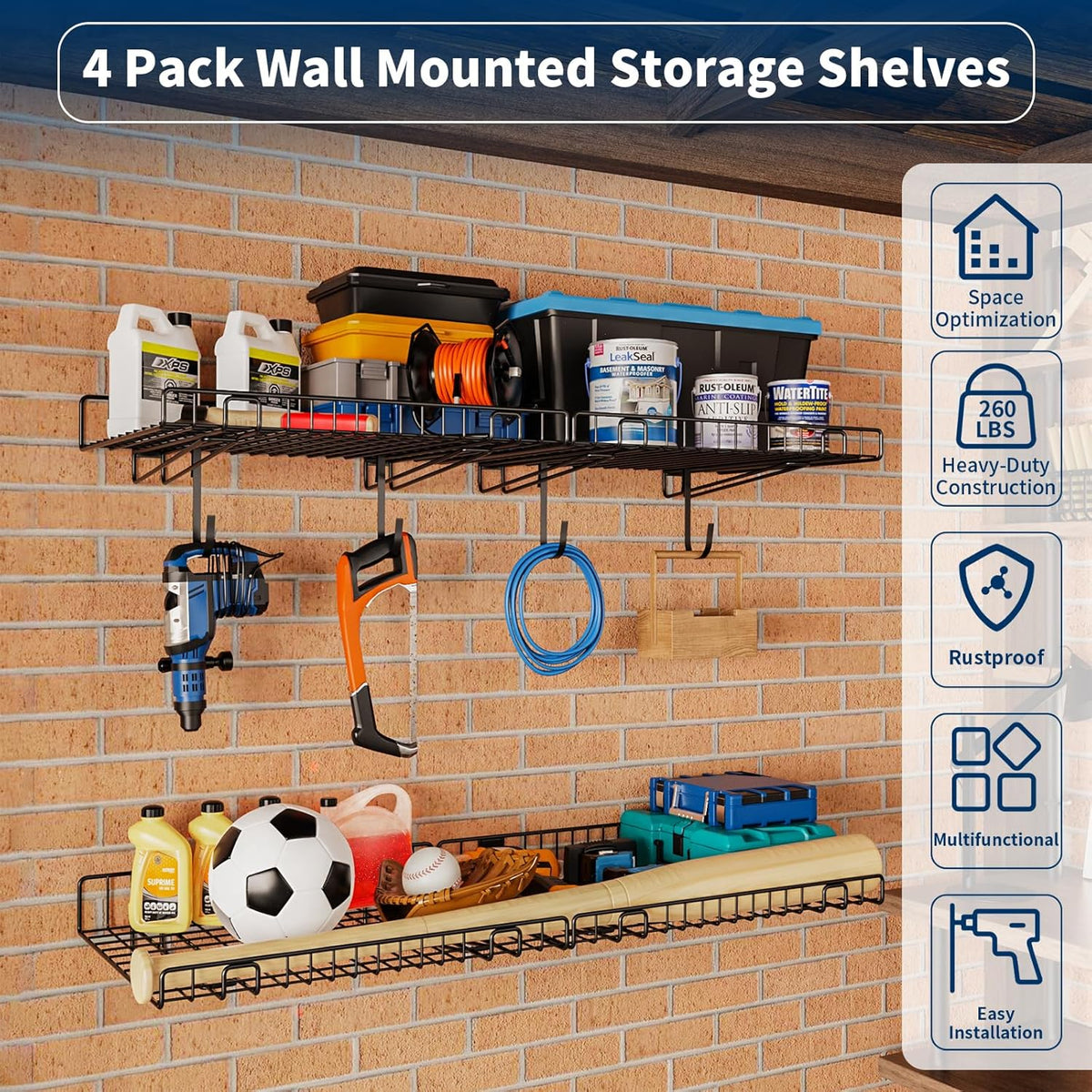 4 Pack Garage Wall Shelf, Wall Mounted Storage Shelves, Heavy Duty Metal Shelves for Room Wall
