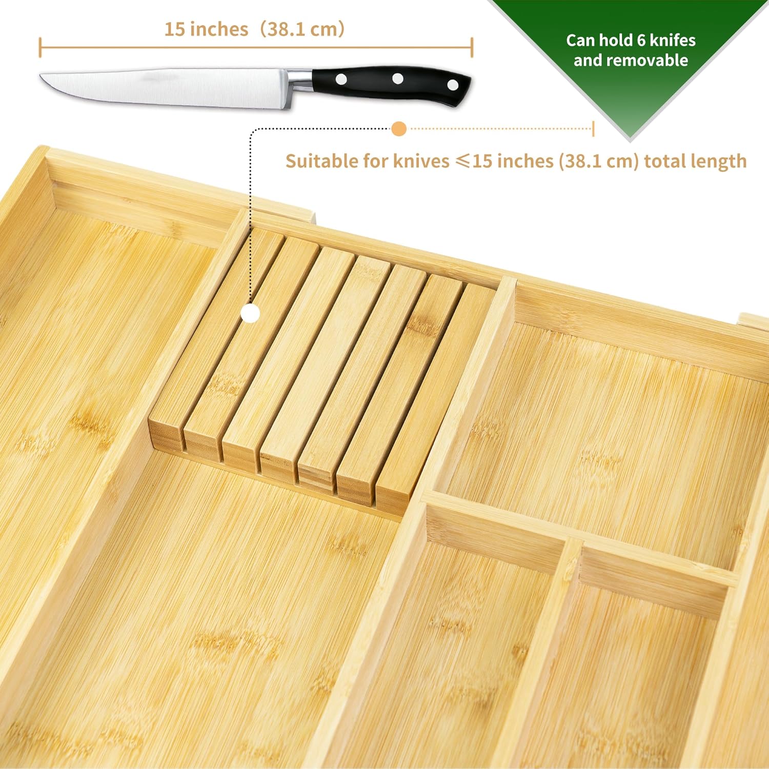 VaeFae Bamboo Kitchen Drawer Organizer, Wooden Utensil Tray with Multiple Compartments, Cutlery and