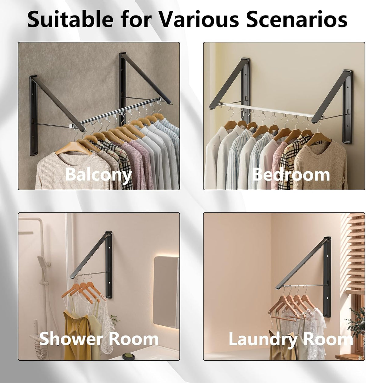 Dr.DJ Clothes Drying Rack with Rod, Wall-Mounted Retractable & Foldable Clothes Hanger for Laundry