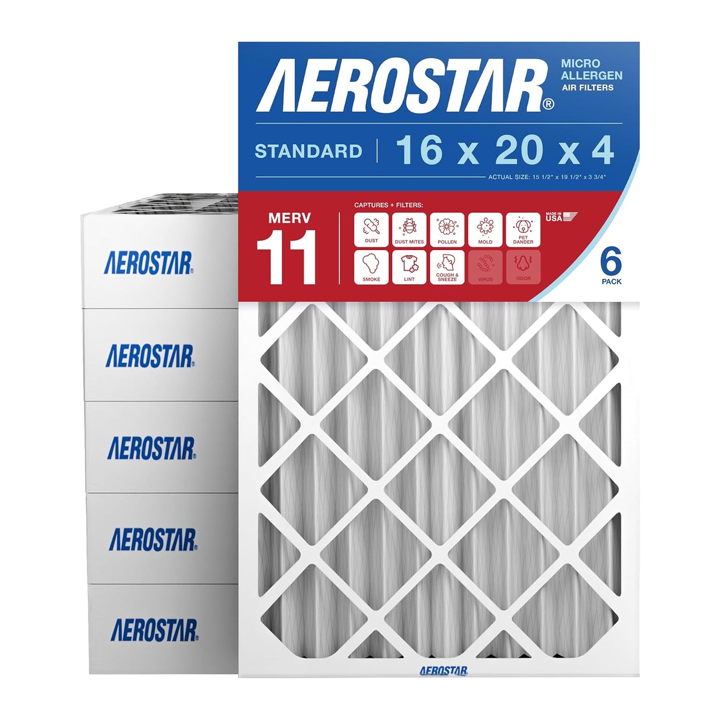 Aerostar 16x20x4 MERV 11 - 6 Count - Pleated HVAC, Furnace & Air Conditioner Filters - Removes