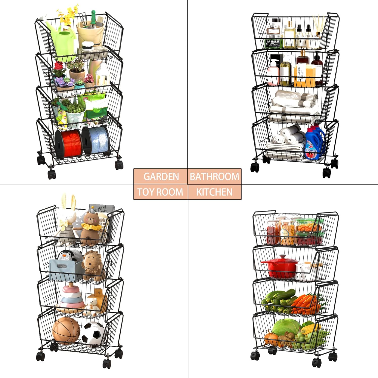 PUSDON 4-Tier Stackable Metal Storage Baskets, Anti-Rust Fruit Vegetable Rack, Dual Use Shelf for